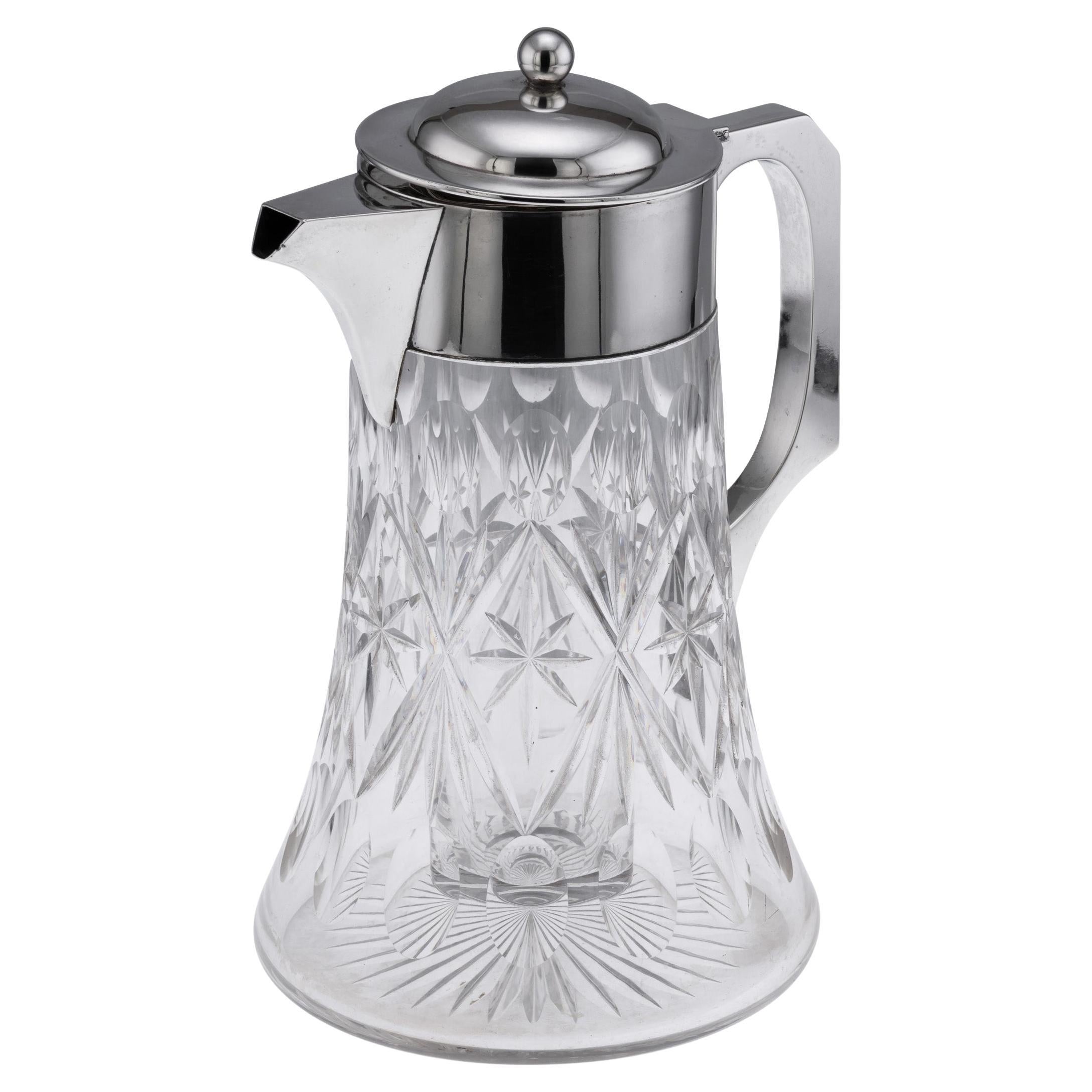 Antique Art Deco Claret Jug, Solid Silver & Cut Glass, London 1906