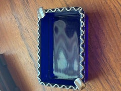 Antique art deco cobalt blue ash tray with metal detail, circa 1930s