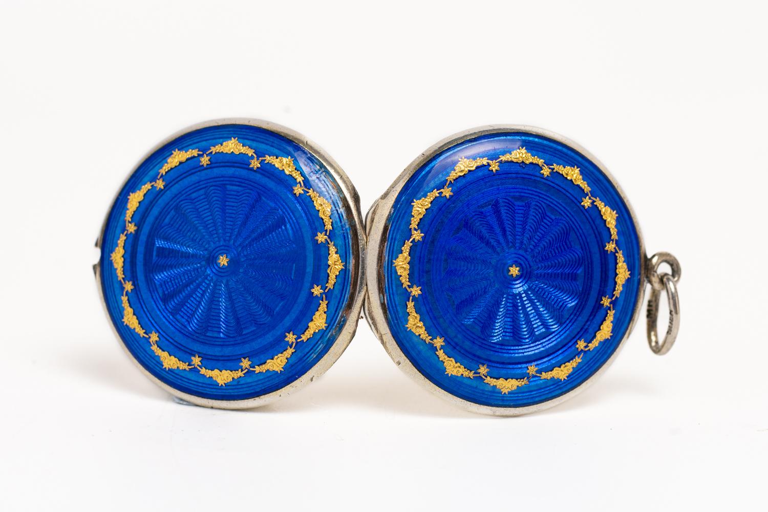 Antique Art Deco Cobalt Blue Guilloche Enamel Locket For Sale 3