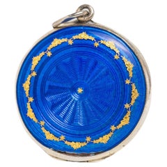 Antique médaillon Art déco en émail guilloché bleu cobalt