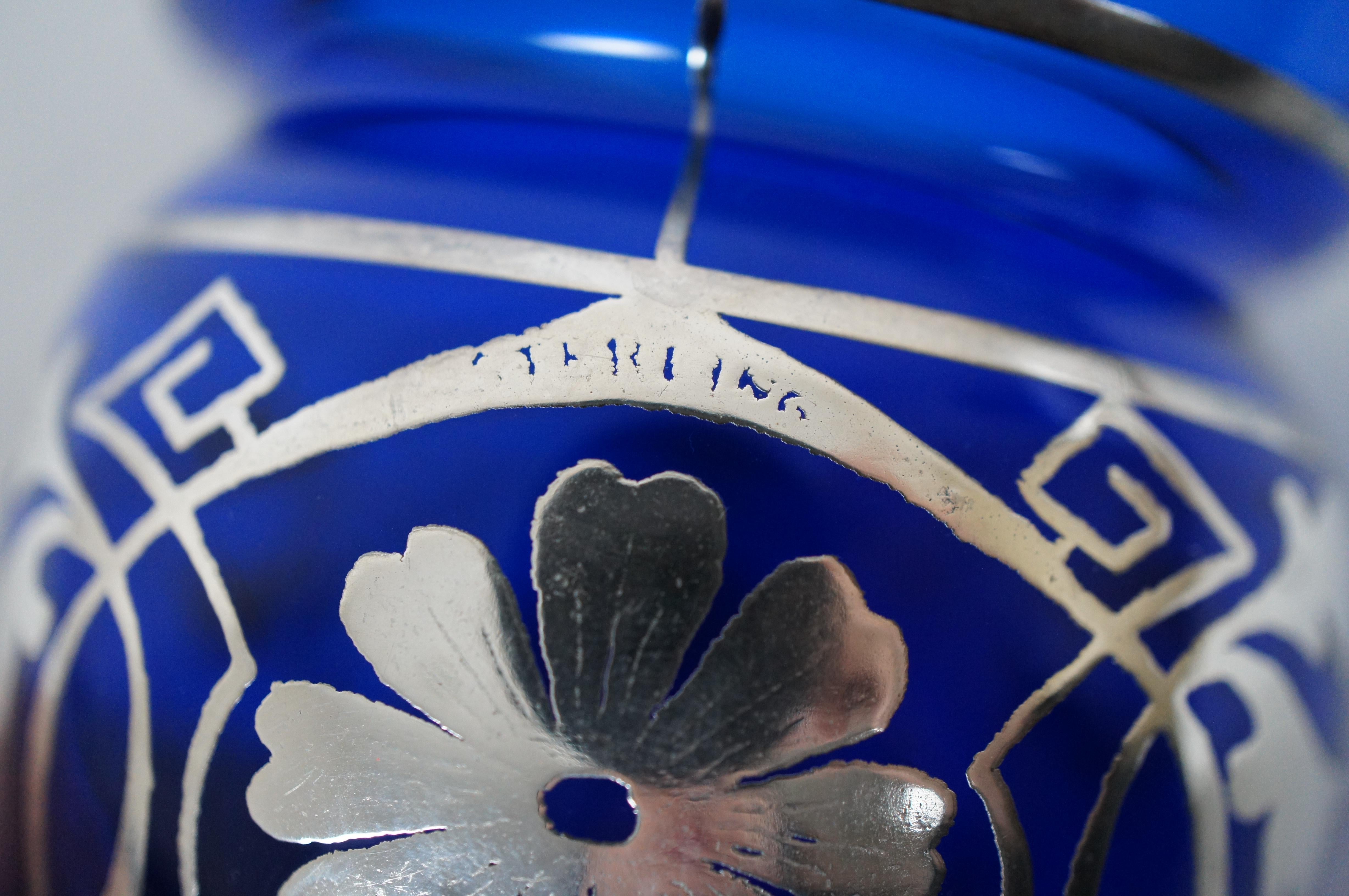 Antique Art Deco Cobalt Glass & Sterling Silver Ornate Overlay Floral Vase 6