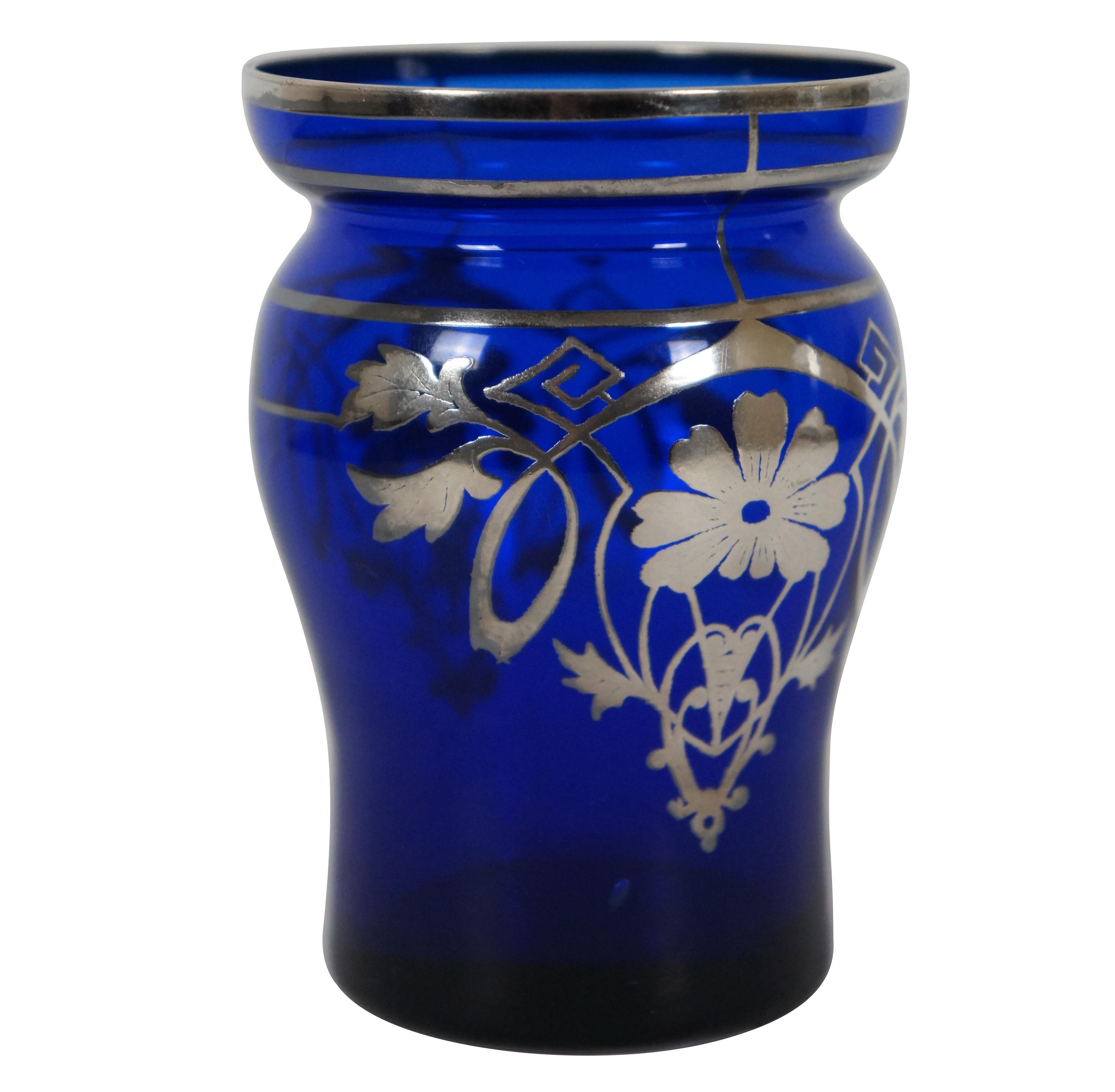 Antique Art Deco Cobalt Glass & Sterling Silver Ornate Overlay Floral Vase In Good Condition In Dayton, OH
