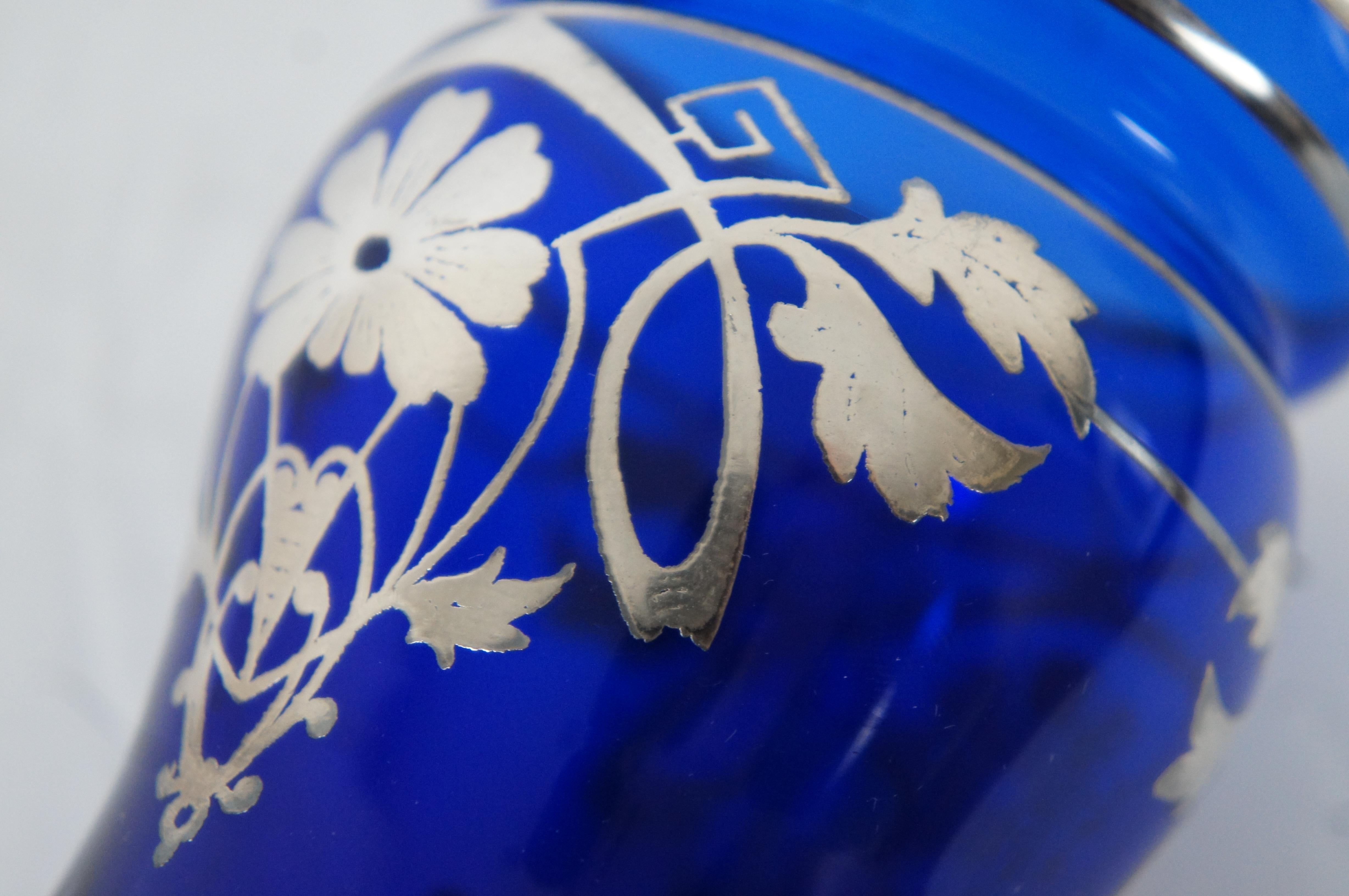 Antique Art Deco Cobalt Glass & Sterling Silver Ornate Overlay Floral Vase 3