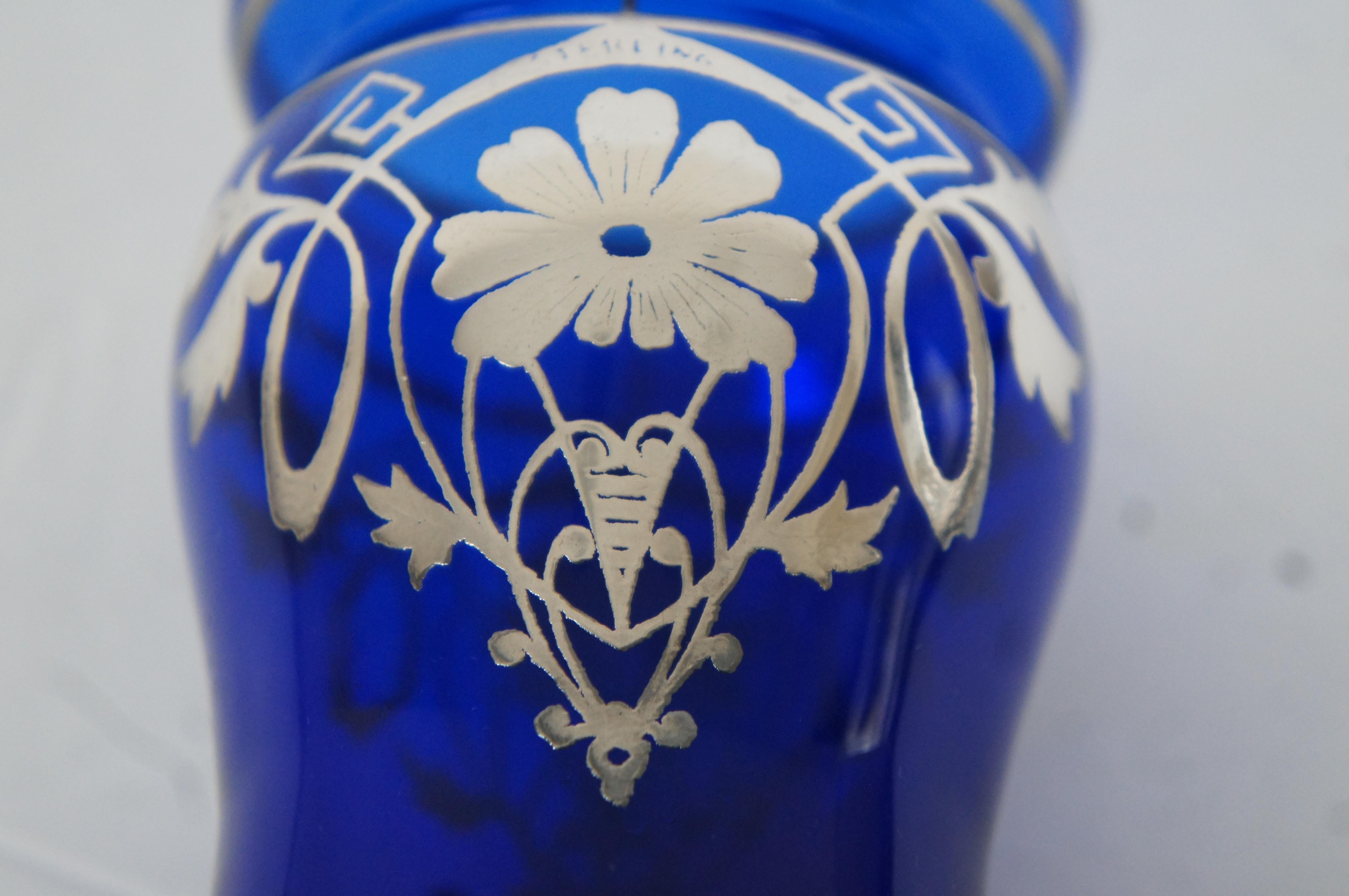 Antique Art Deco Cobalt Glass & Sterling Silver Ornate Overlay Floral Vase 4