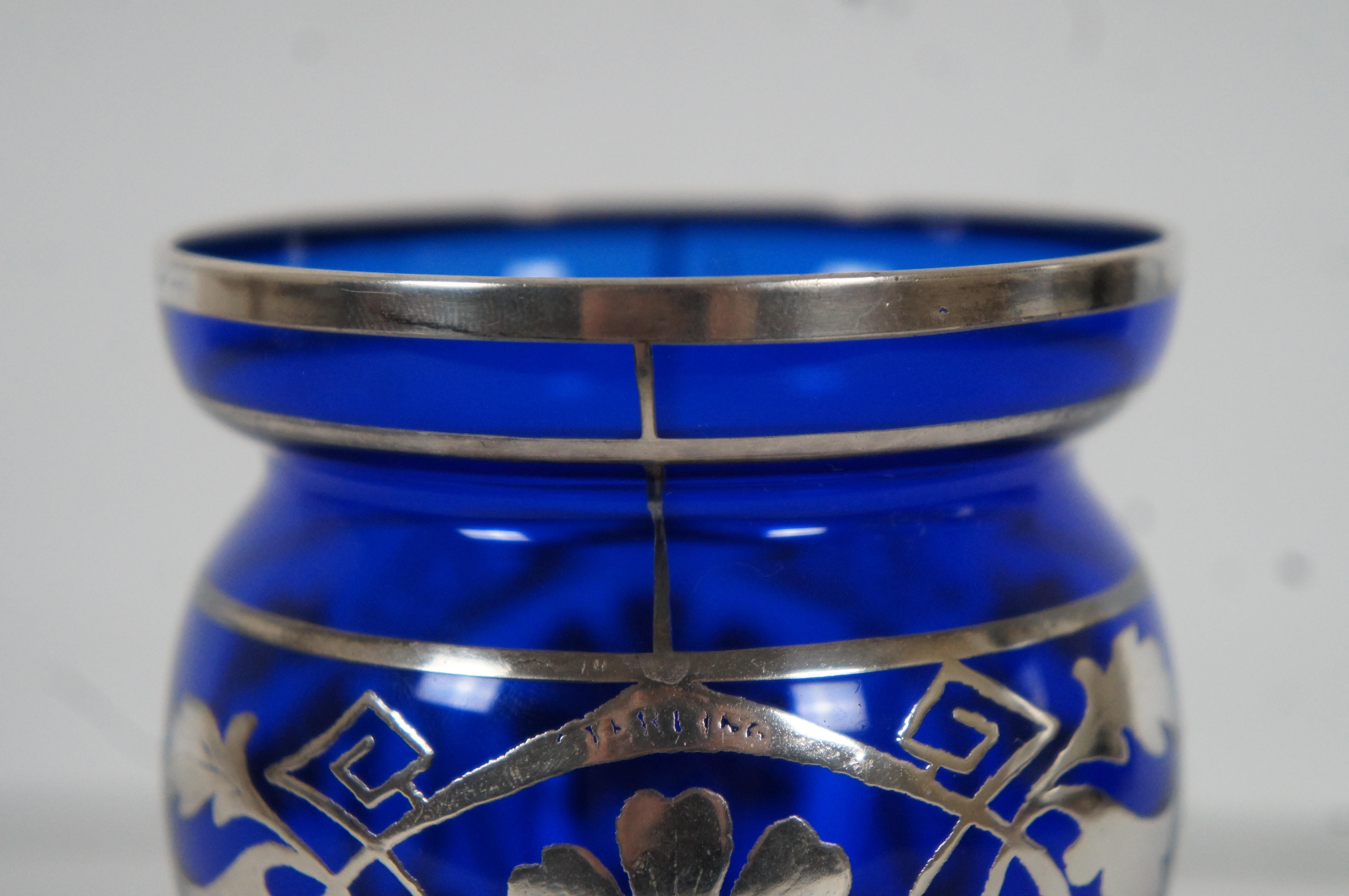 Antique Art Deco Cobalt Glass & Sterling Silver Ornate Overlay Floral Vase 5