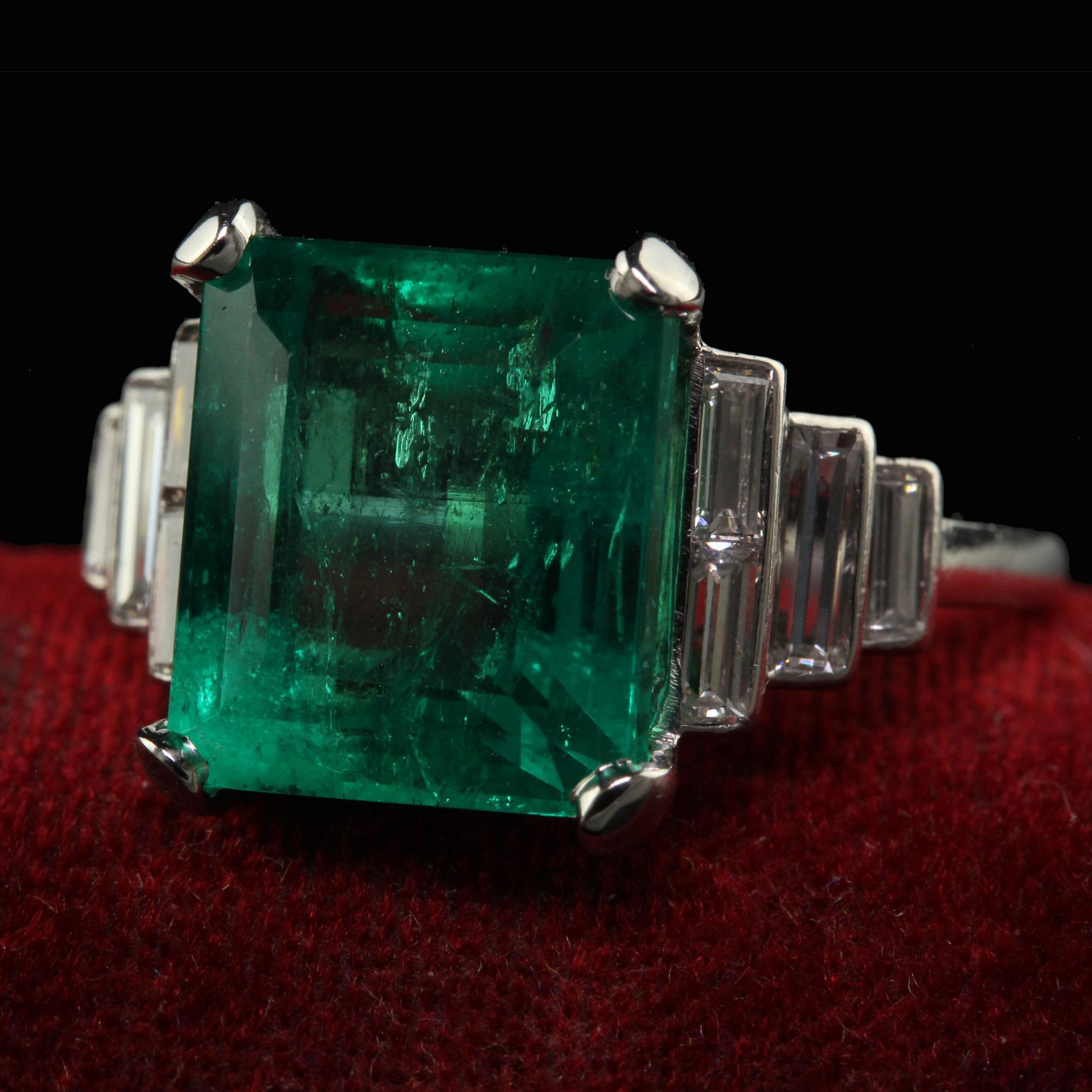 Antique Art Deco Colombian Natural Emerald and Baguette Diamond Ring - GIA For Sale 1