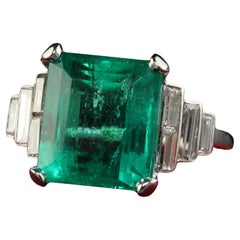 Anello antico Art Deco con smeraldo naturale colombiano e diamante baguette - GIA