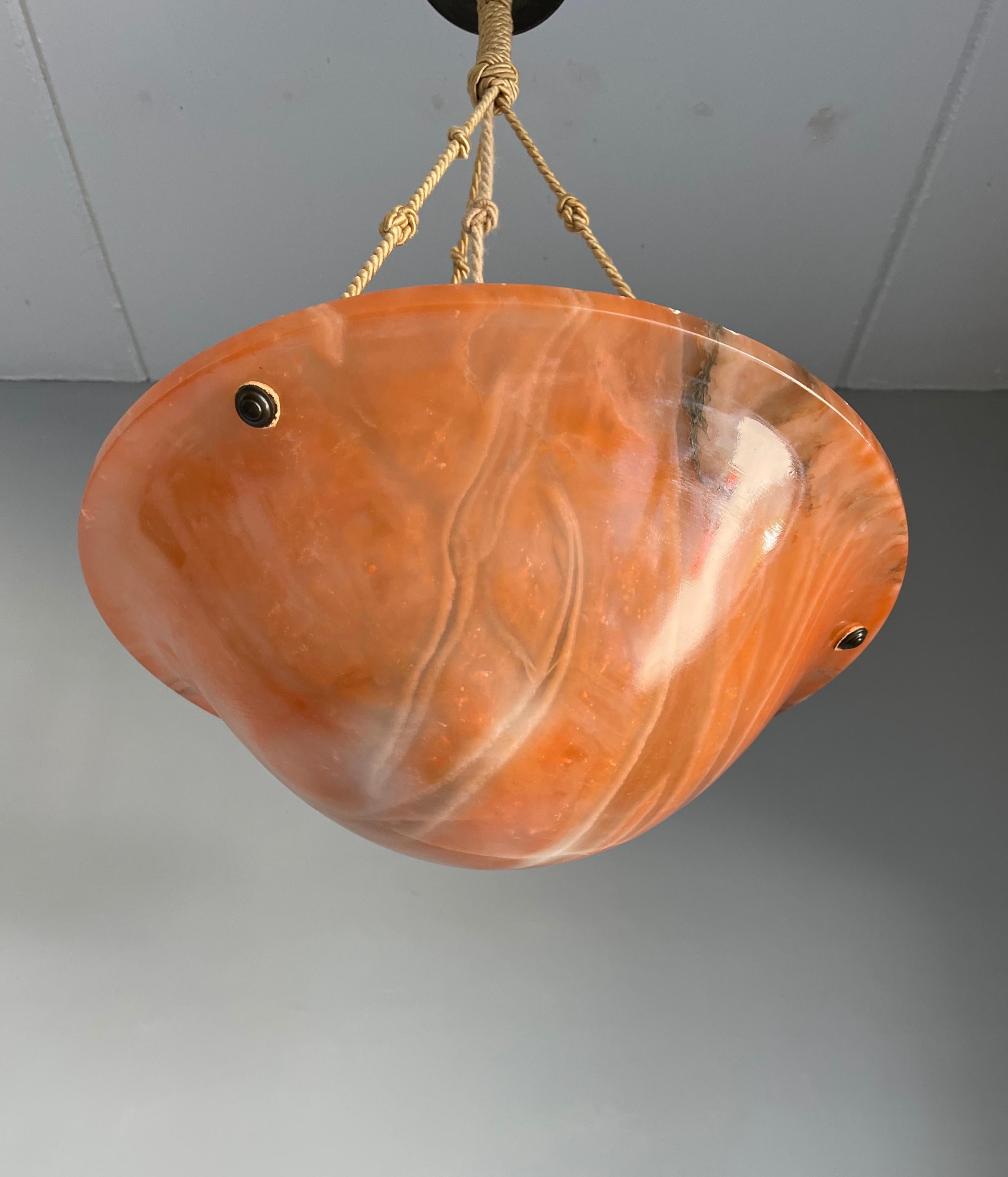 Brass Rare Art Deco Magic Color Alabaster Stone Pendant, Ceiling Light, Original Rope For Sale