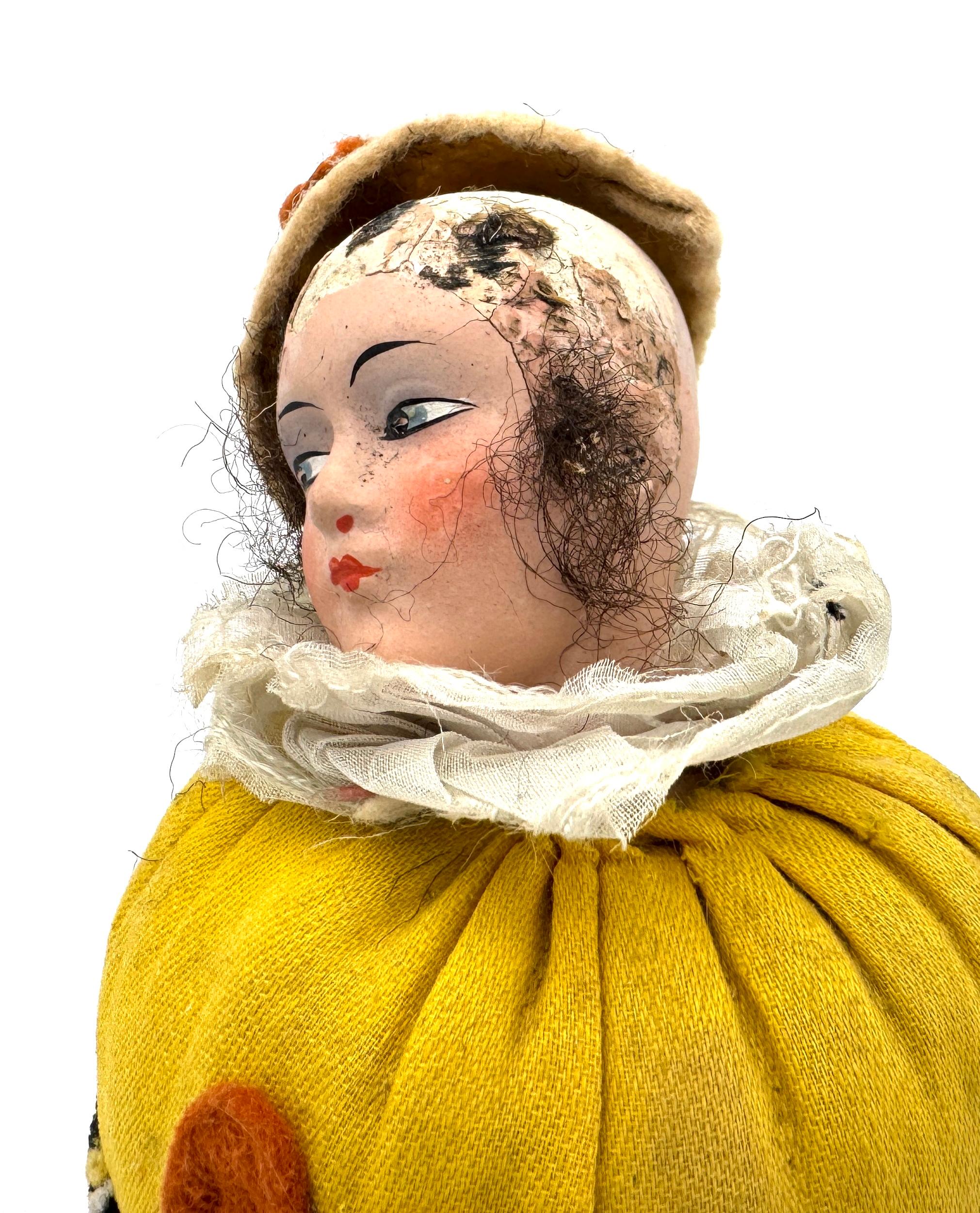 Hand-Crafted Antique Art Deco Compact Pierrette with Blue Eyes Card Fabric Tulle Felt For Sale