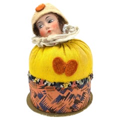 Antique Art Deco Compact Pierrette with Blue Eyes Card Fabric Tulle Felt
