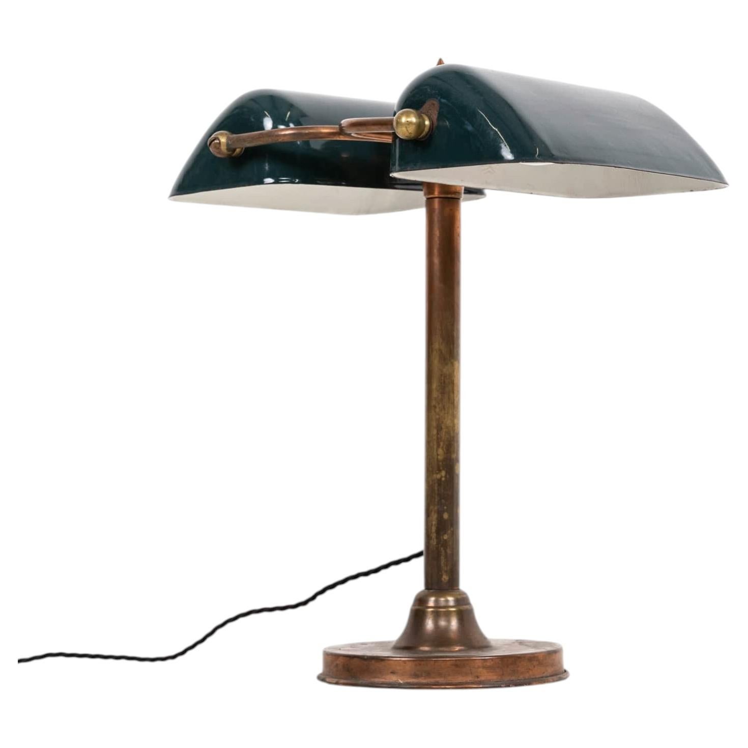 Antique Art Deco Copper and Enamel Double Bankers Desk Lamp, c.1930