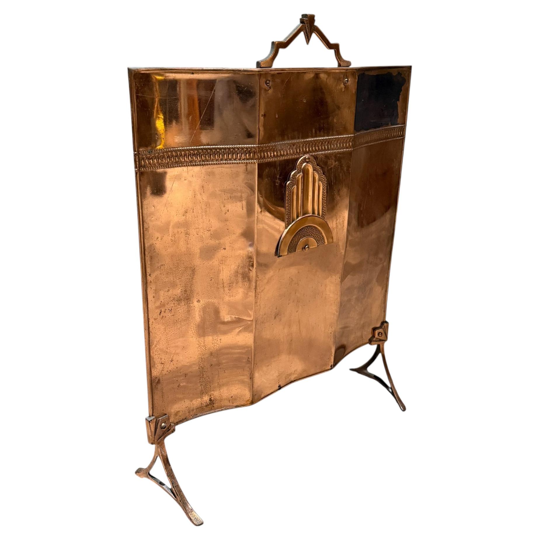 Antique Art Deco Copper Fireplace Screen, Neoclassical Lines