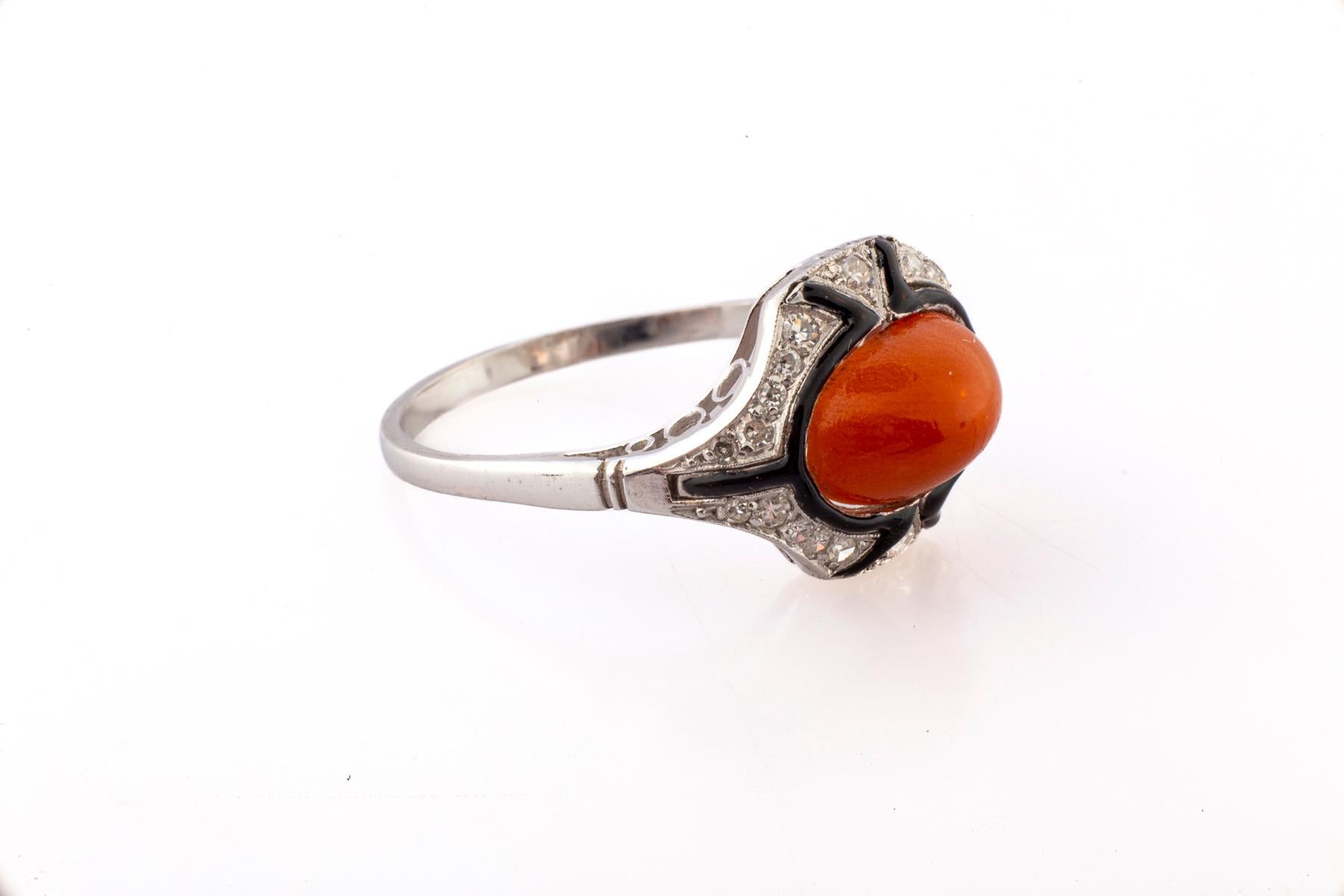 Women's or Men's Antique Art Deco Coral and Diamond Ring For Sale