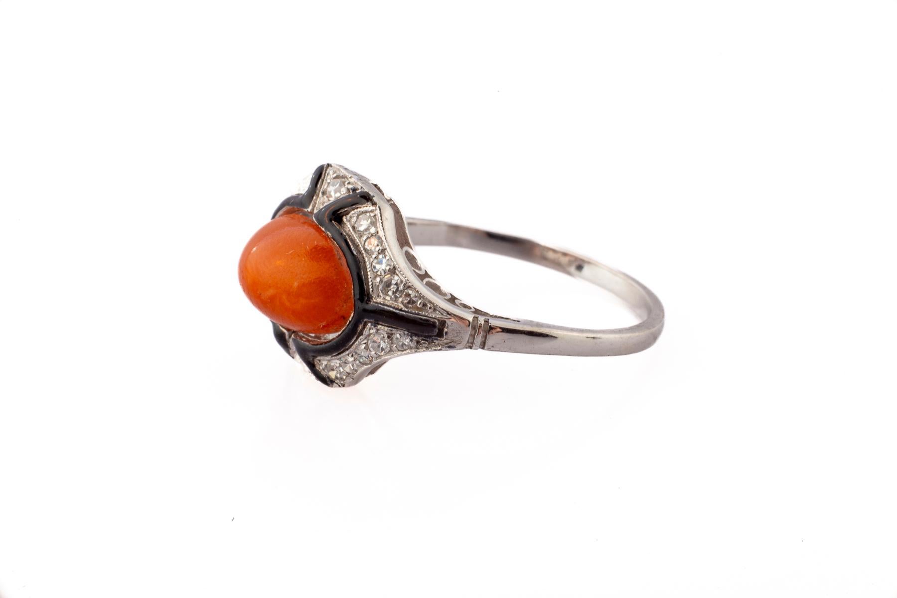 Antique Art Deco Coral and Diamond Ring For Sale 1