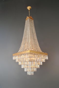 Antigua araña de cristal Art Decó Diseño cuadrado escalonado de latón Restaurada