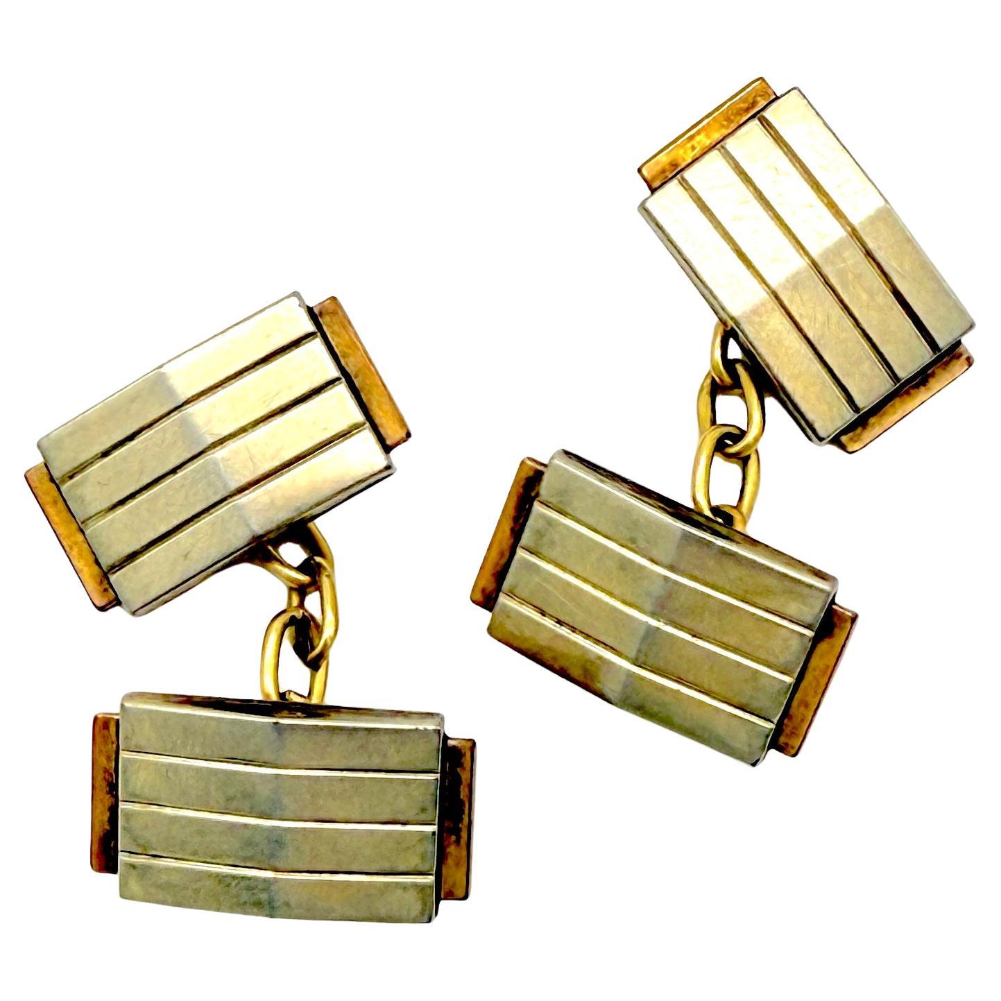 Gemelos Antiguos Art Decó Dorado Fijo Dos Tonos