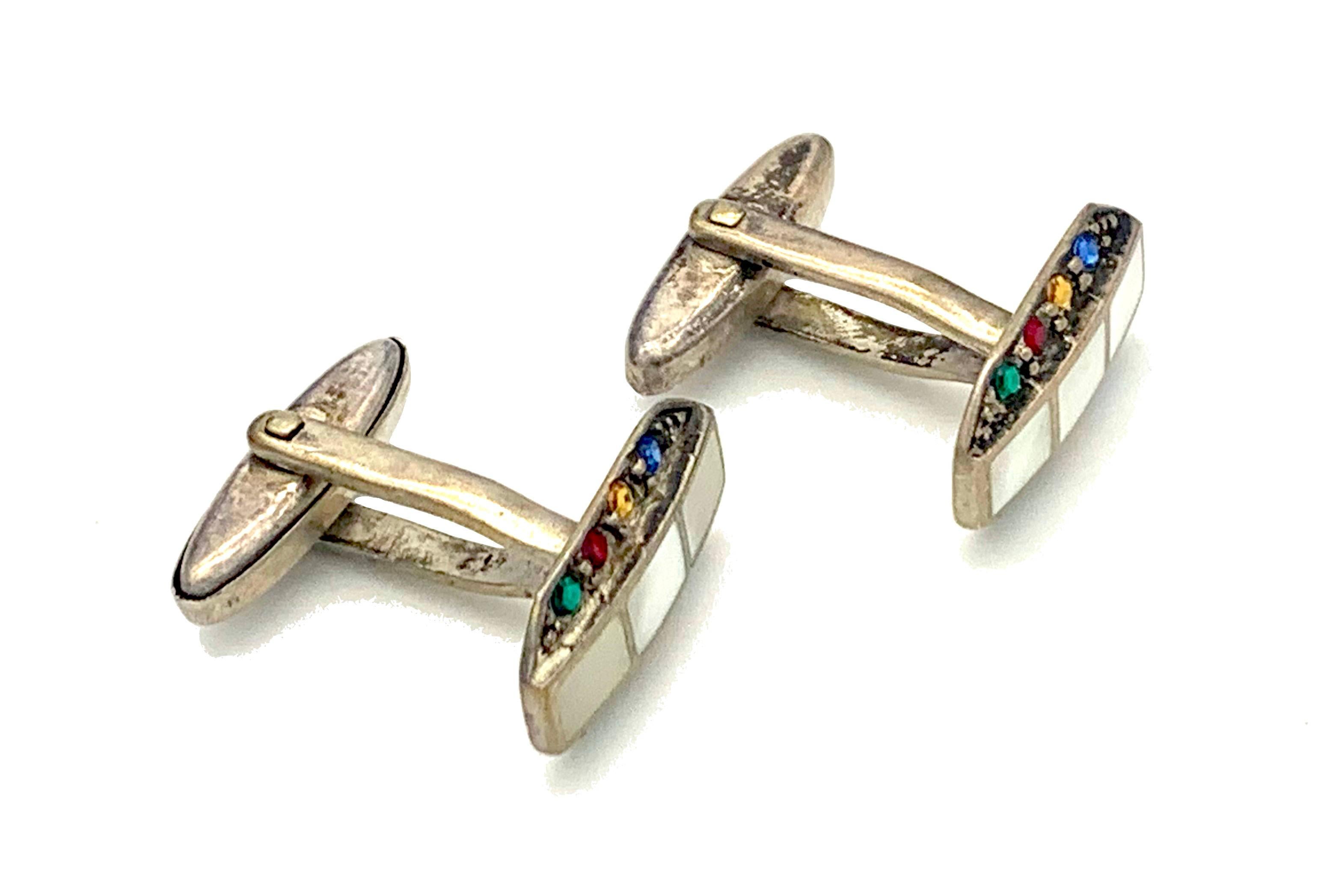 Antique Art Deco Cufflinks Sliver Mother-Of-Pearl Green Red Yellow Blue Paste In Good Condition For Sale In Munich, Bavaria