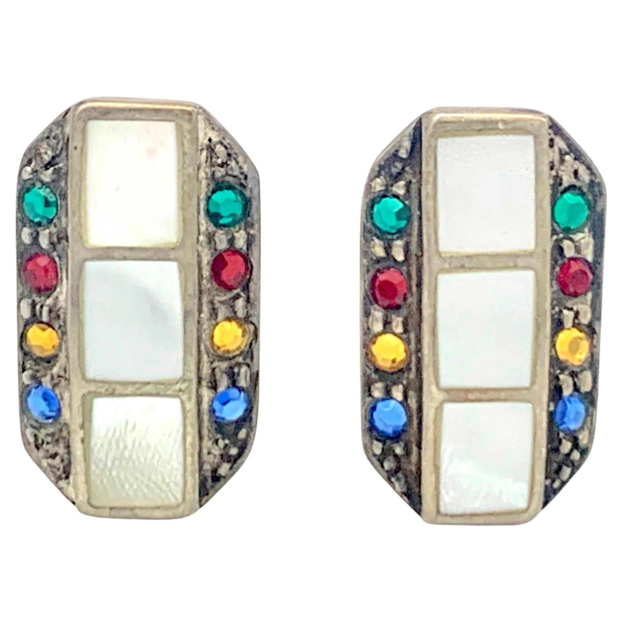 Antique Art Deco Cufflinks Sliver Mother-Of-Pearl Green Red Yellow Blue Paste