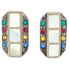 Antique Art Deco Cufflinks Sliver Mother-Of-Pearl Green Red Yellow Blue Paste