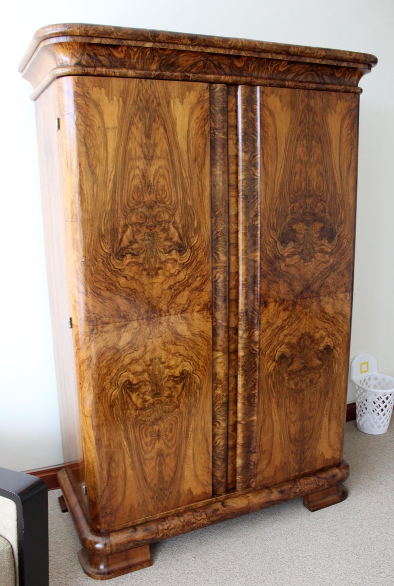 Antique Art Deco Curved Burl Wood Armoire Dresser w Drawer and 4