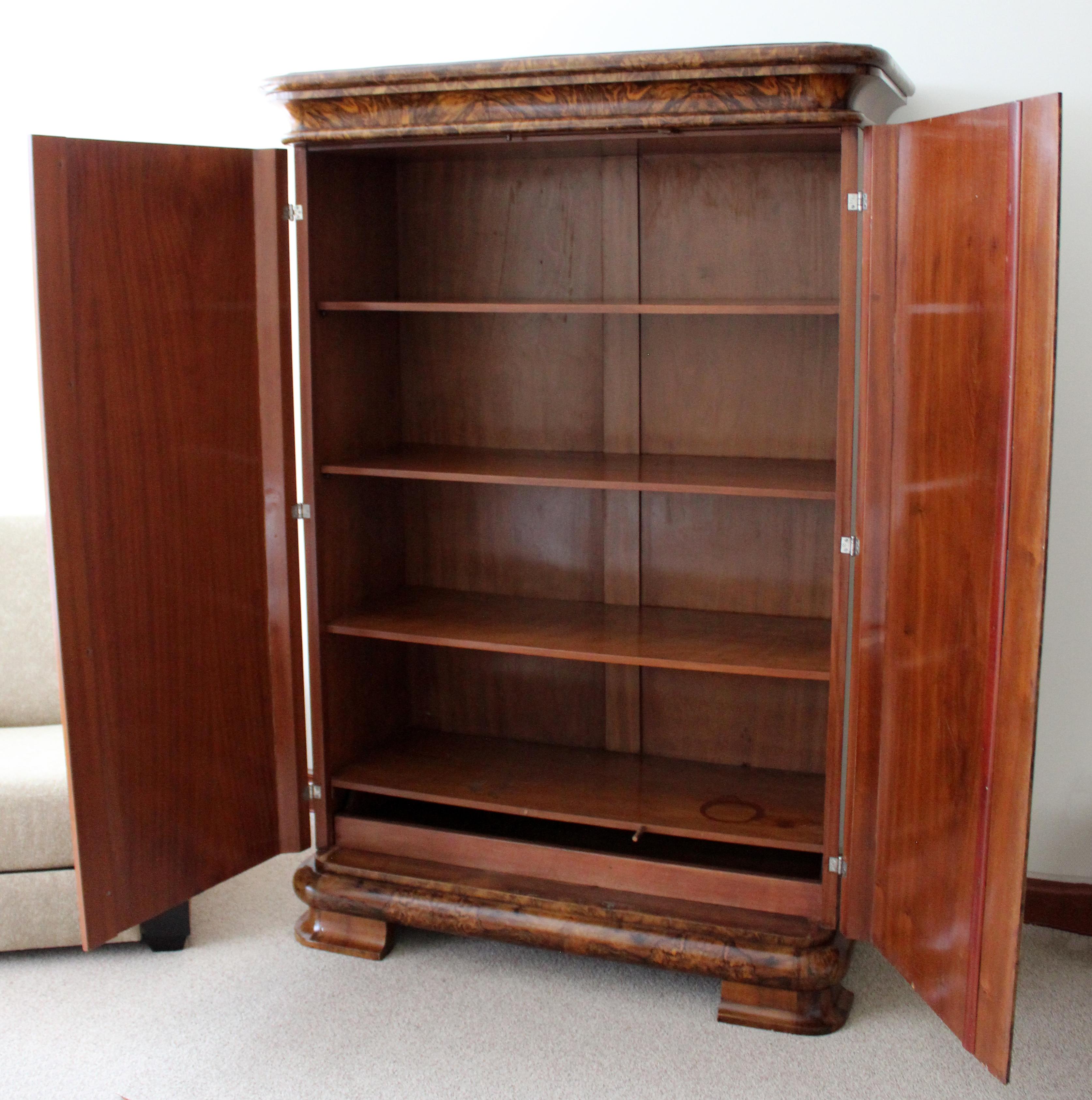 American Antique Art Deco Curved Burl Wood Armoire Dresser w Drawer & 4 Shelves