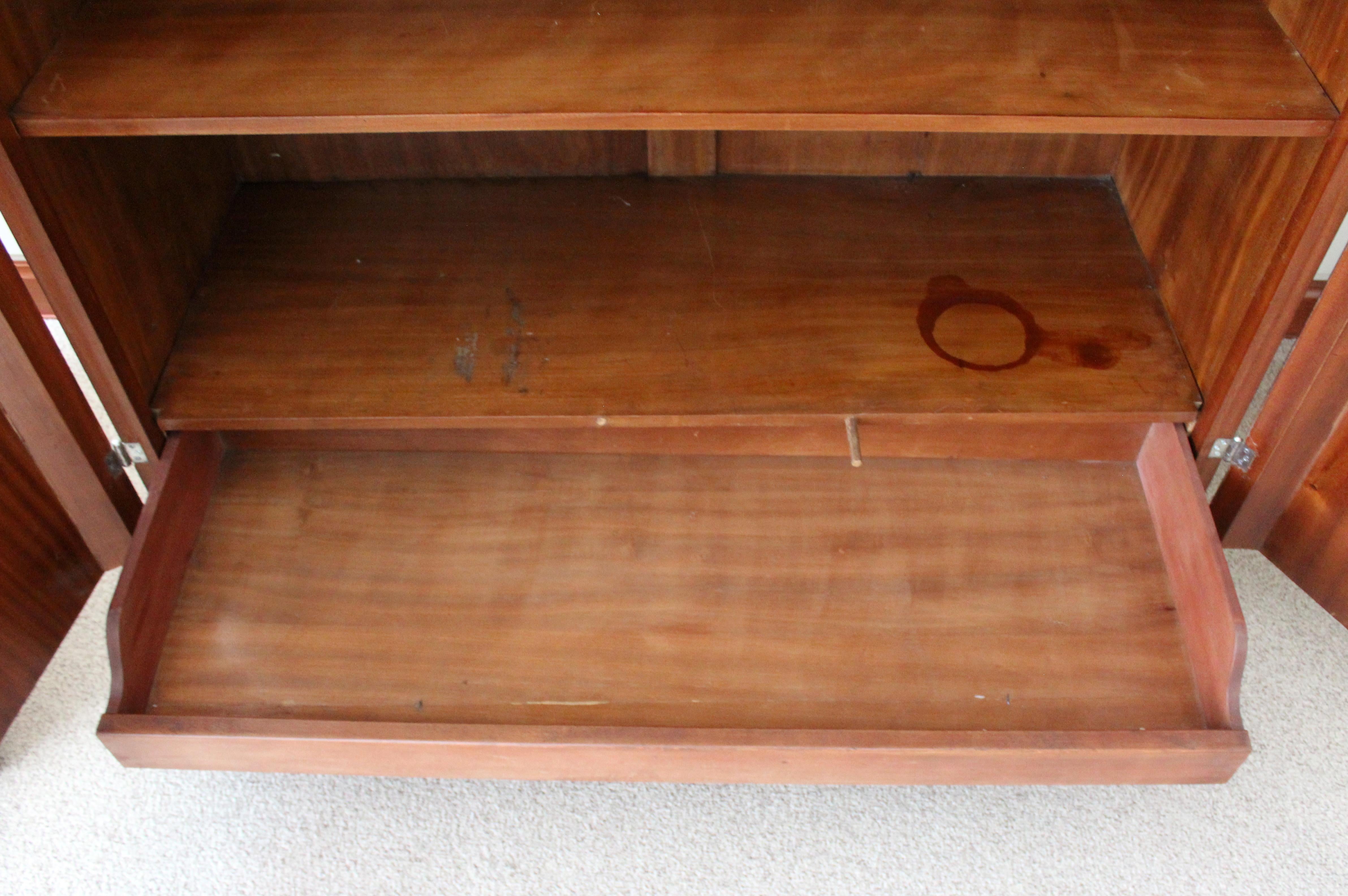 Antique Art Deco Curved Burl Wood Armoire Dresser w Drawer & 4 Shelves In Good Condition In Keego Harbor, MI