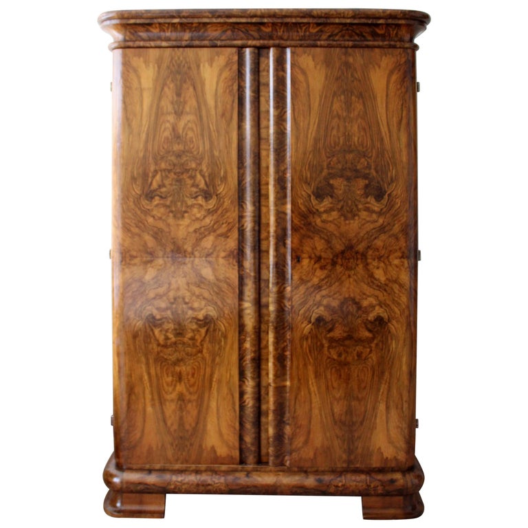 Antique Art Deco Curved Burl Wood Armoire Dresser w Drawer and 4 ...