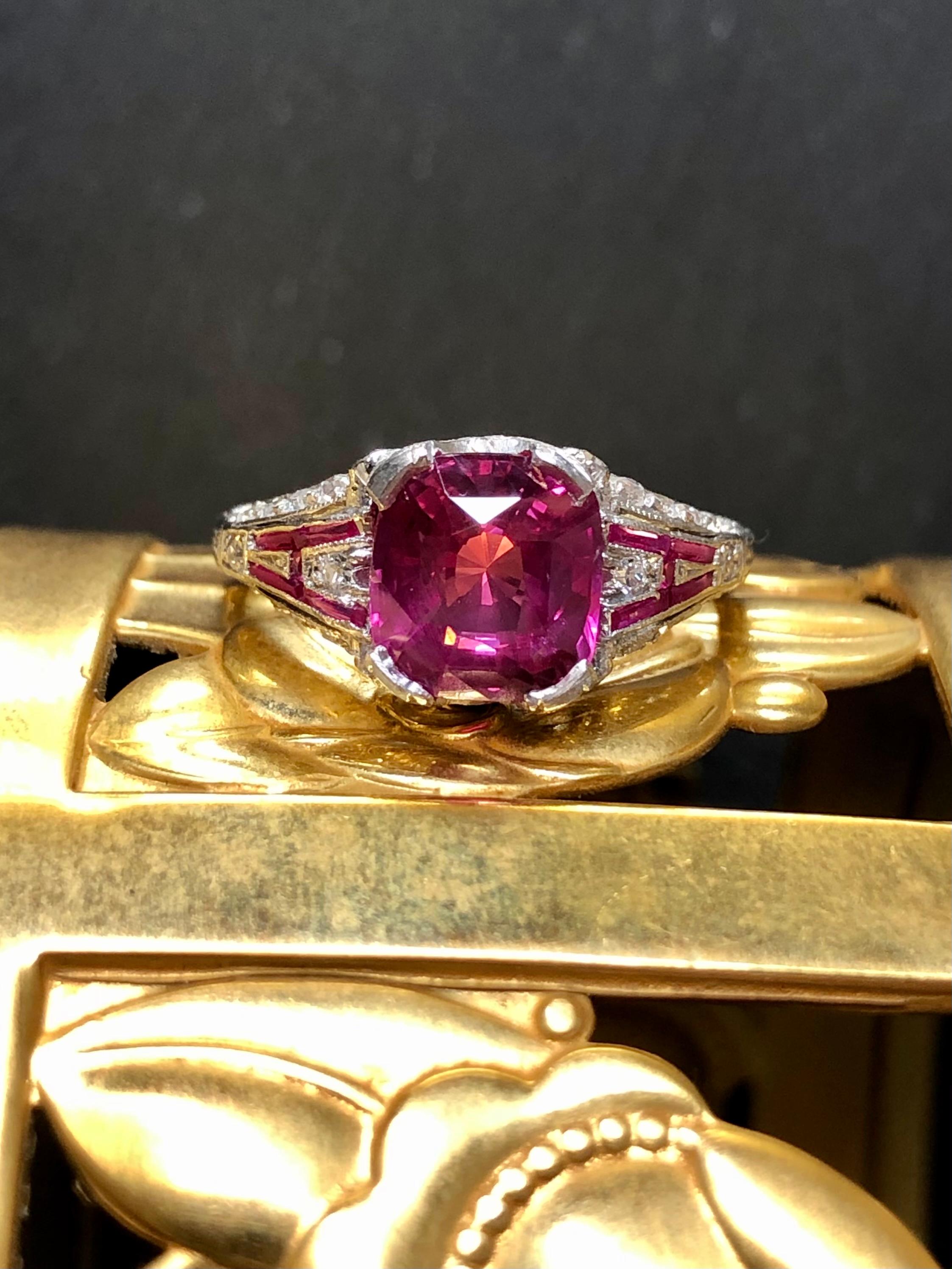 Women's or Men's Antique Art Deco Cushion Cut Pink Sapphire Diamond Ring No Heat AGL 2.53ct
