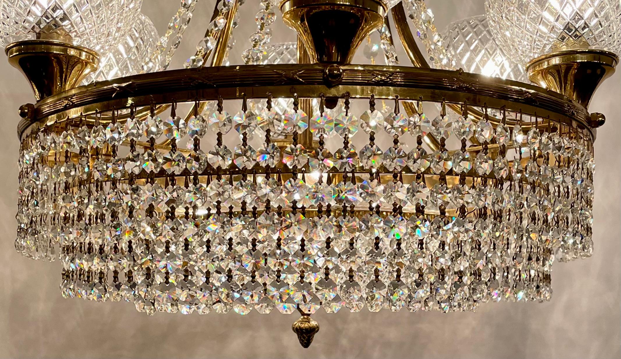 Antique Art Deco Cut Crystal and Gold Bronze Chandelier, Circa 1940. In Good Condition For Sale In New Orleans, LA