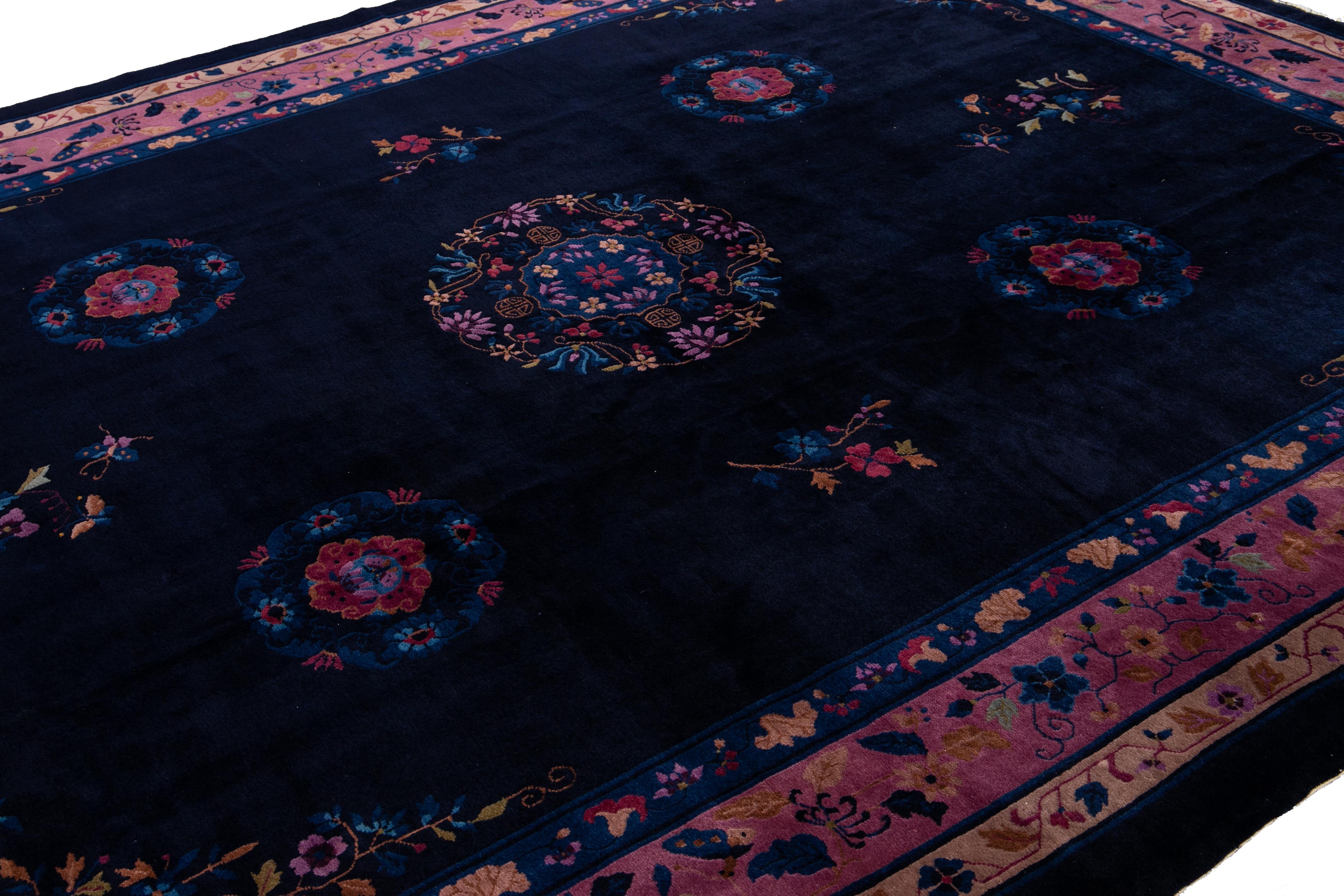 Antique Art Deco Dark Indigo Chinese Wool Rug For Sale 5