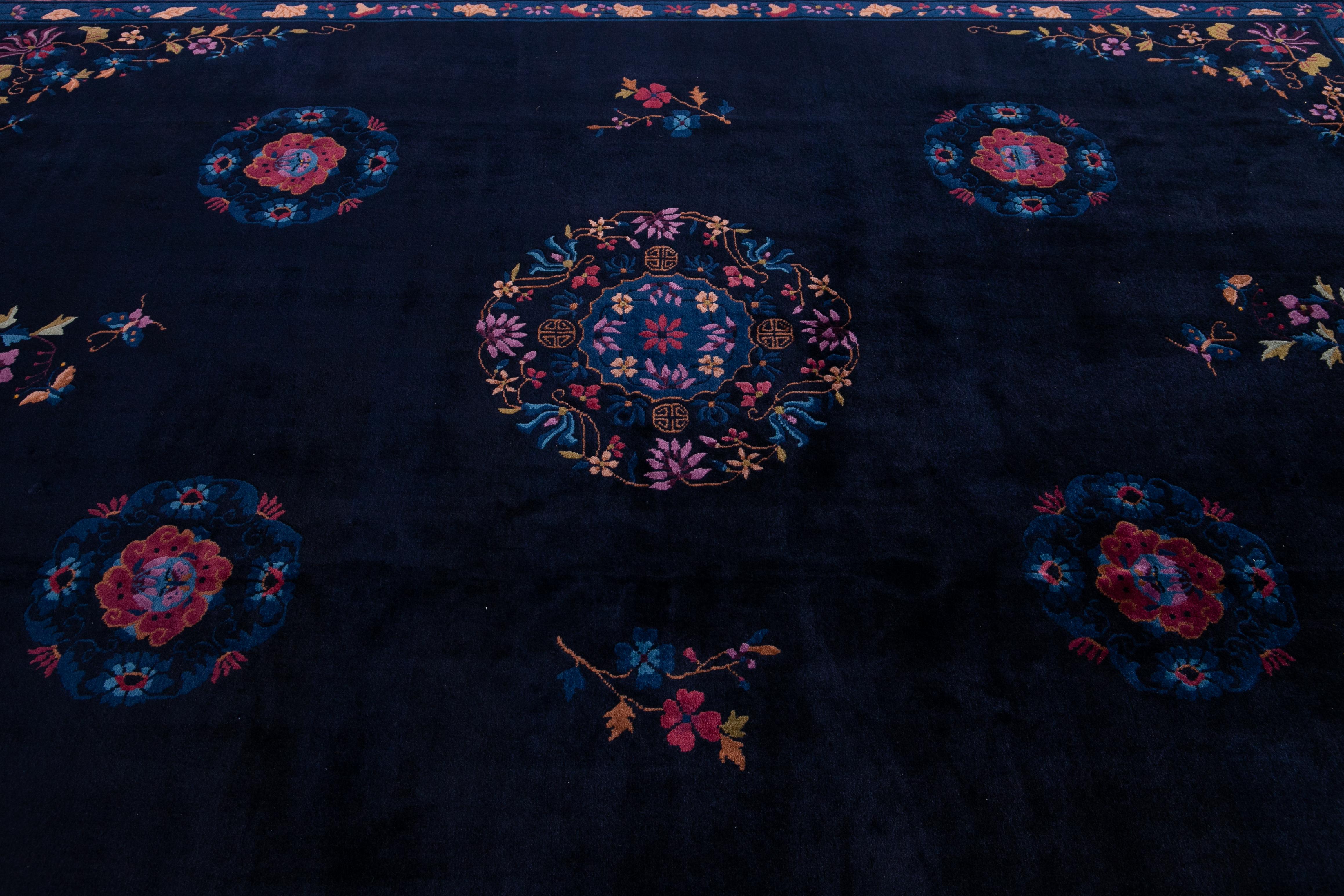 Antique Art Deco Dark Indigo Chinese Wool Rug For Sale 7