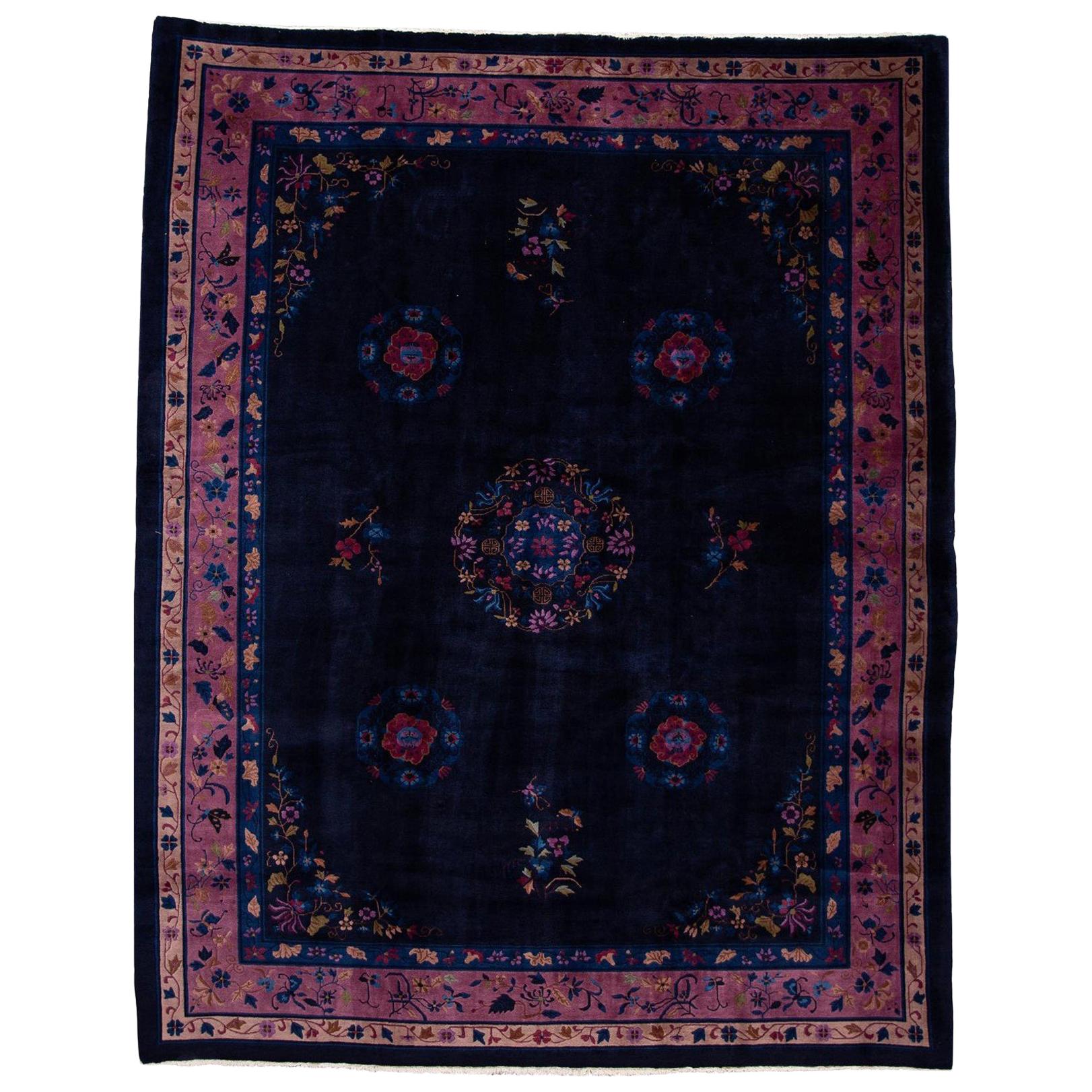 Antique Art Deco Dark Indigo Chinese Wool Rug For Sale