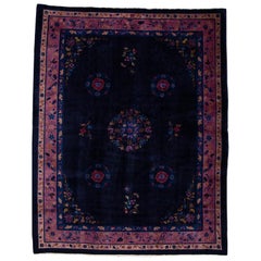 Antique Art Deco Dark Indigo Chinese Wool Rug