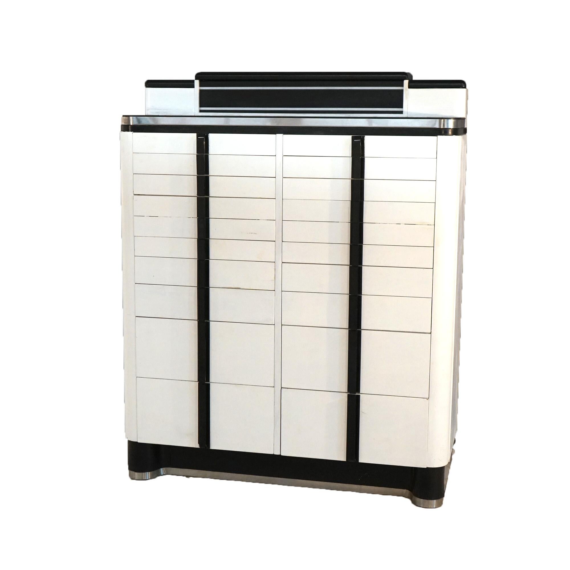 ***Ask About Reduced In-House Delivery Rates - Reliable Professional Service & Fully Insured***

Antique Art Deco Dental Cabinet, White & Black Enameled Metal with Chrome, C1930

Measures - 50 3/8