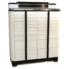 Antique Art Deco Dental Cabinet, Enameled & Ebonized Metal with Chrome, C1930