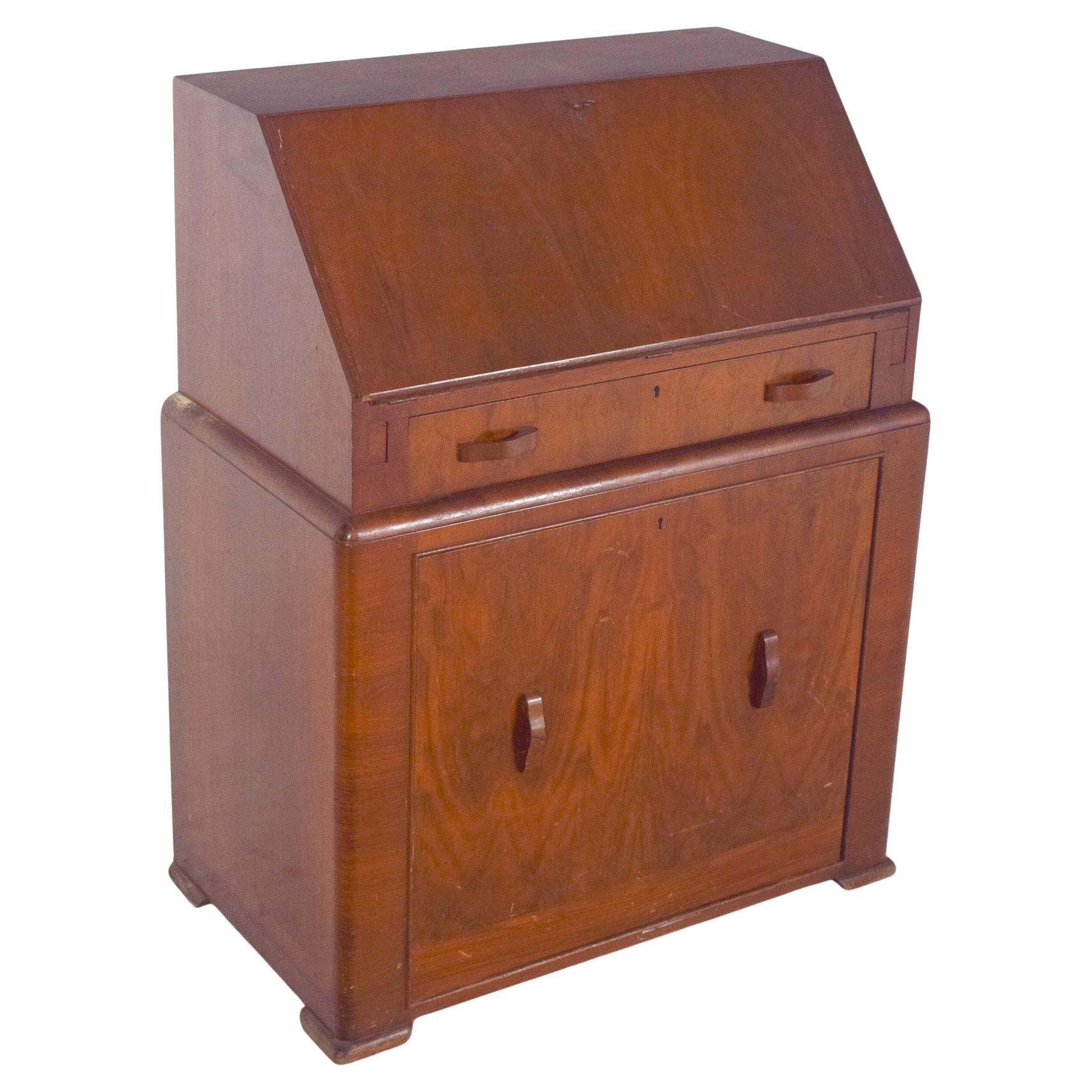 Antique Art Deco Desk with Bench in Walnut For Sale
