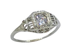 Antique Art Deco Diamond 18k White Gold Filigree Engagement Ring, circa 1920s
