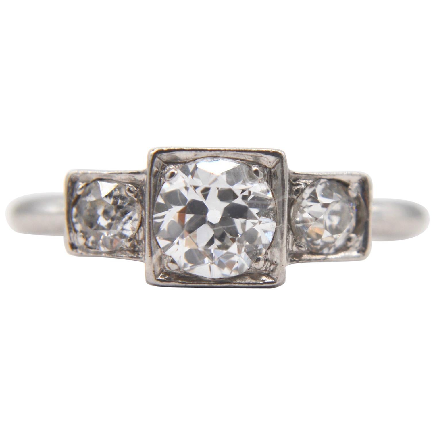 Antique Art Deco Diamond 3-Stone Trinity Step Engagement .50 Carat Platinum Ring