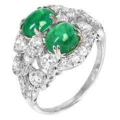 Antique Art Deco Diamond 4.70cts Cabochon Emerald Platinum Filigree Cocktail
