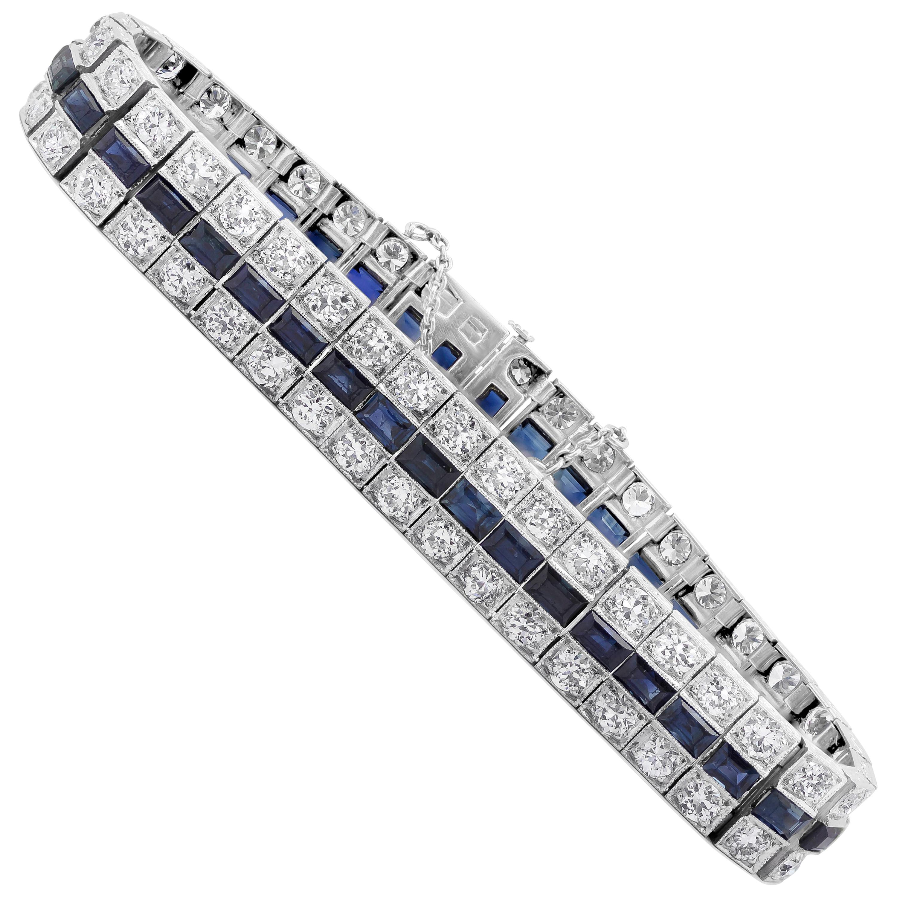 22.92 Carats Total Old Mine Cut and Sapphire Three Row Fashion Bracelet