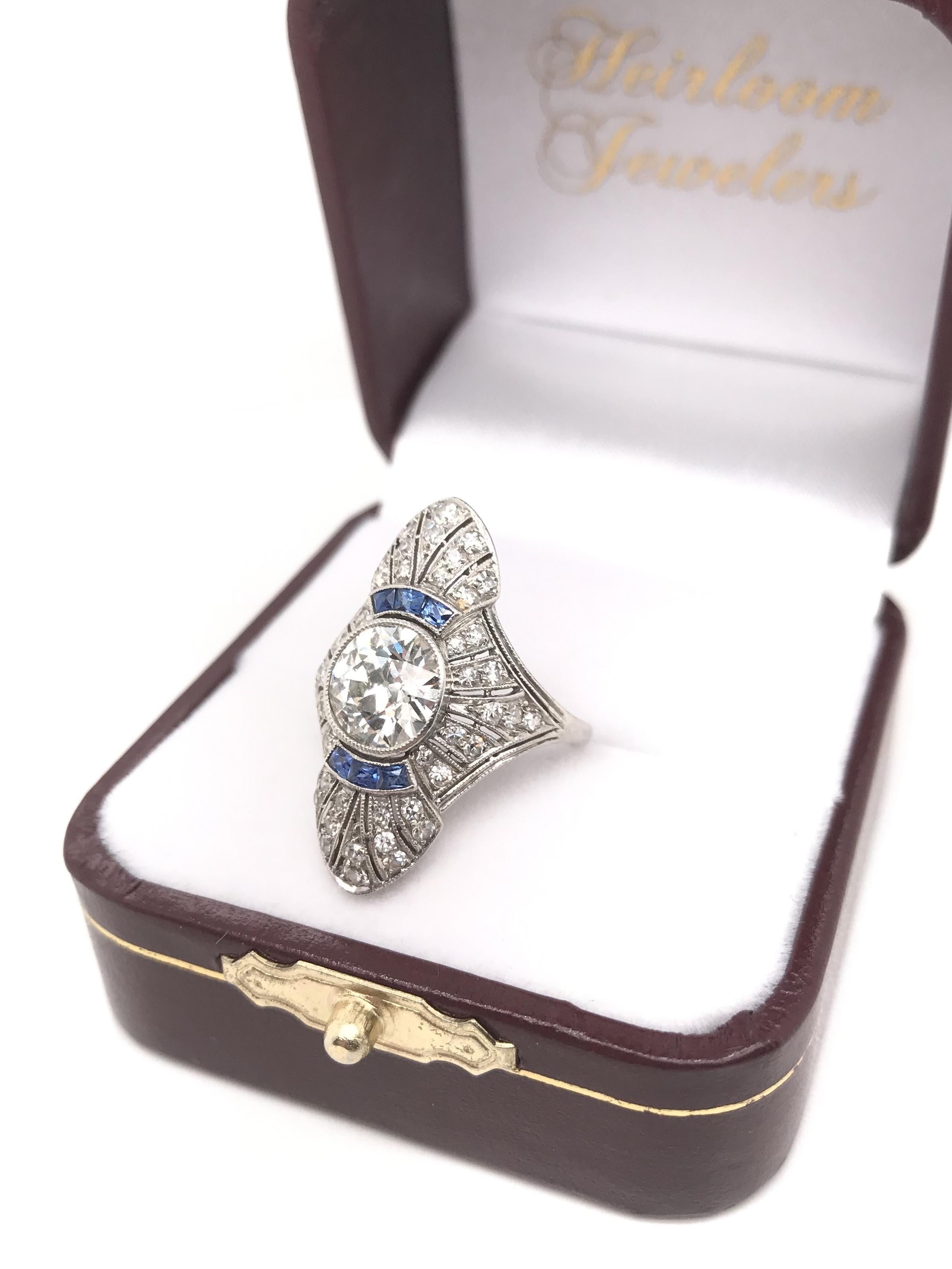 Antique Art Deco Diamond and French Cut Sapphire Dinner Ring 5