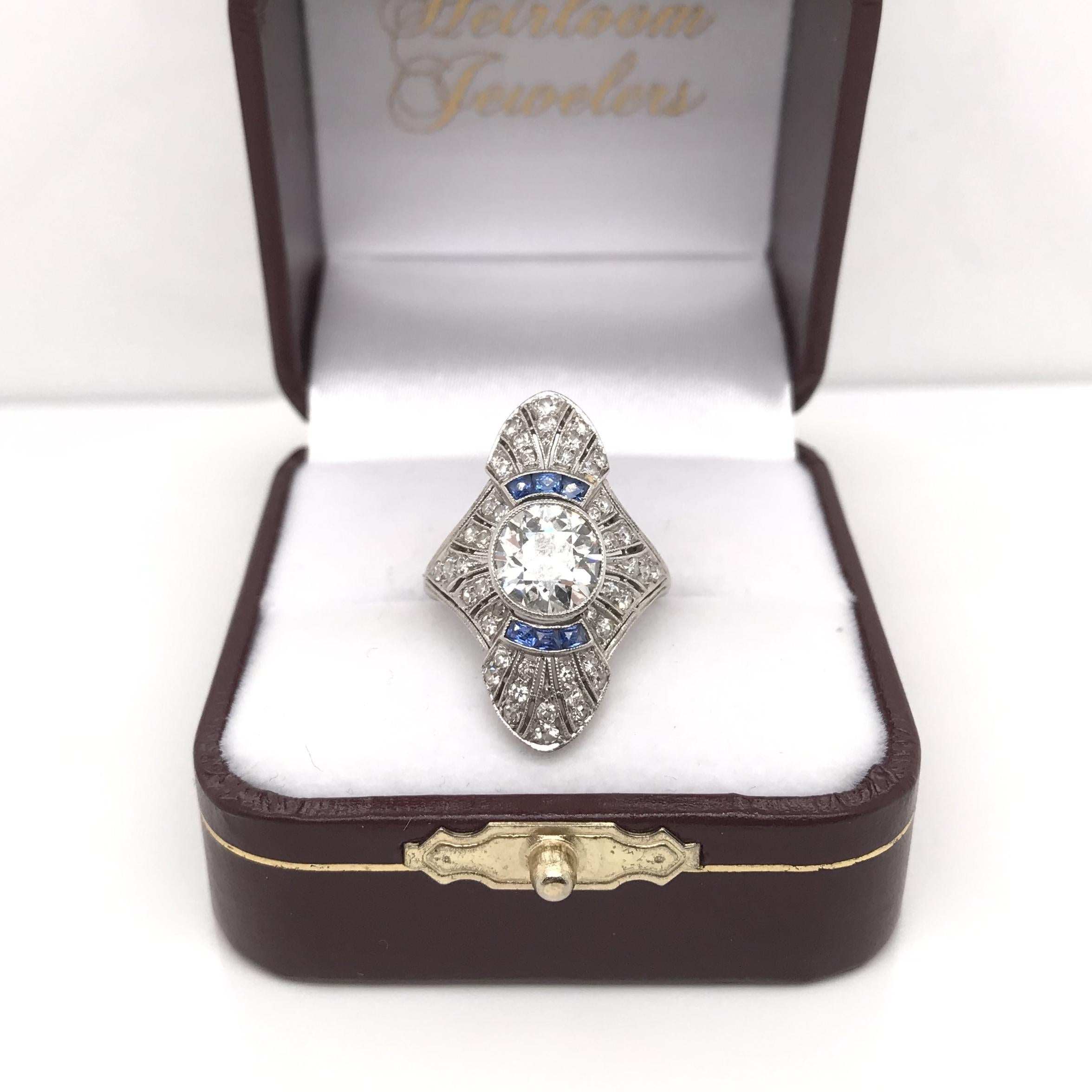Antique Art Deco Diamond and French Cut Sapphire Dinner Ring 6