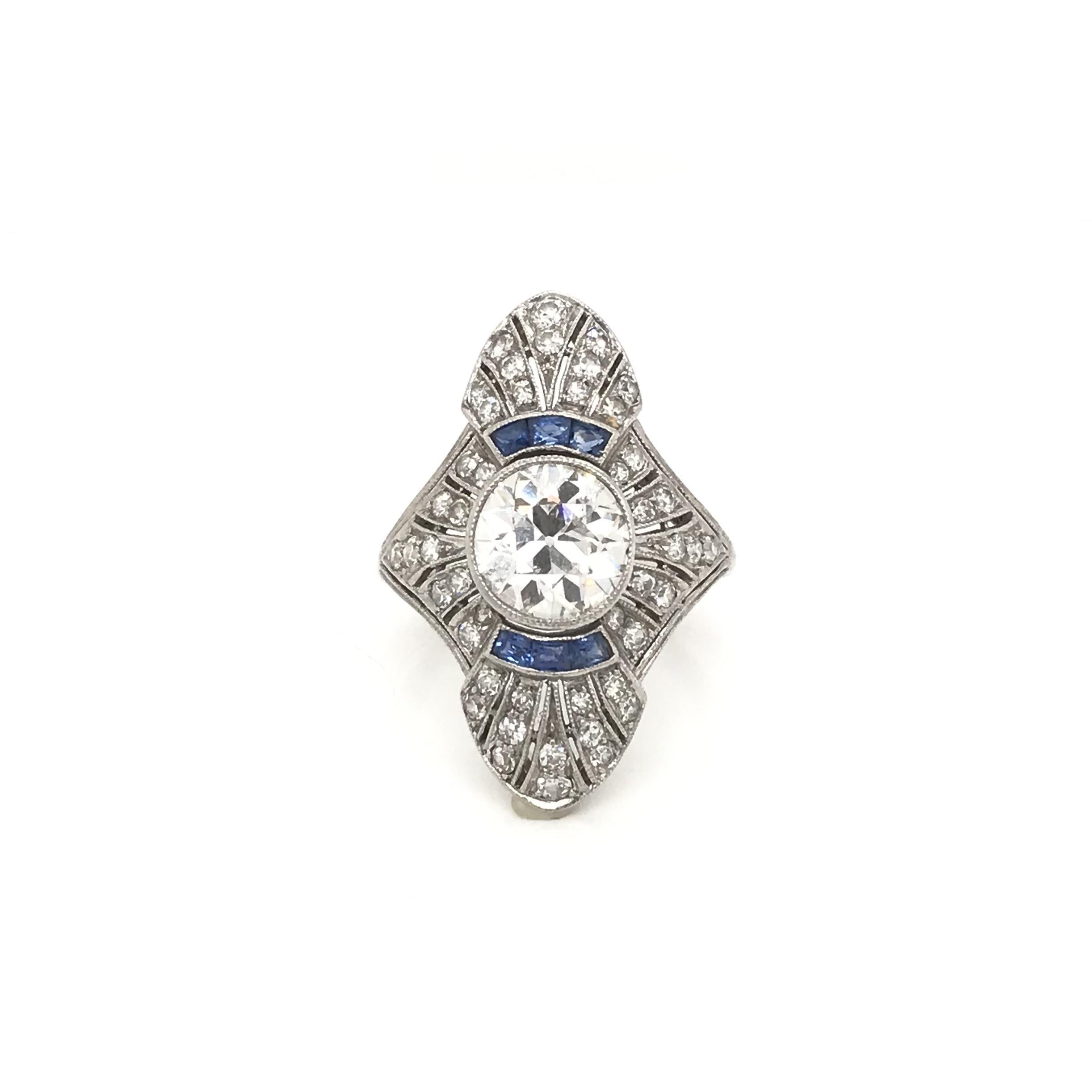Old European Cut Antique Art Deco Diamond and French Cut Sapphire Dinner Ring