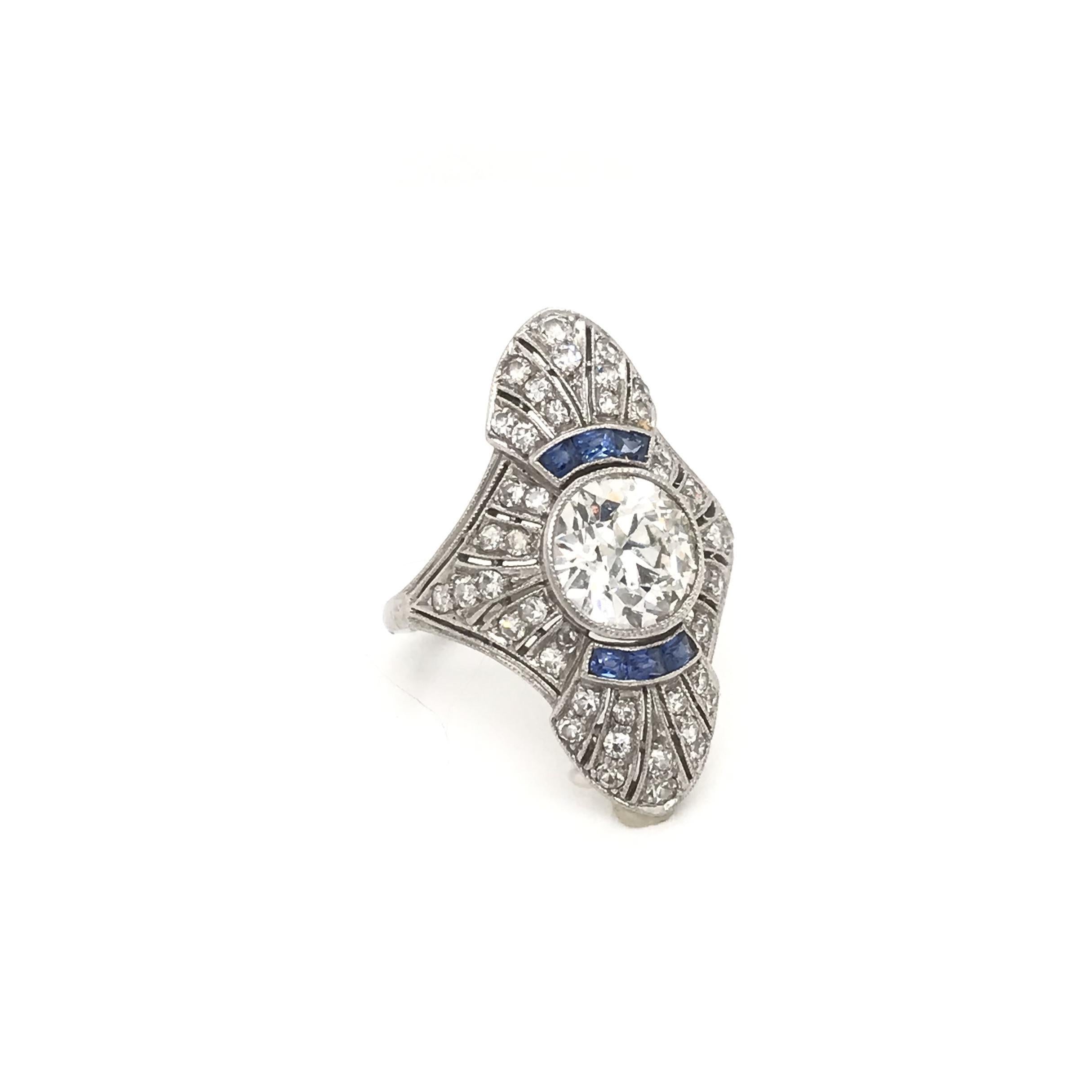 Antique Art Deco Diamond and French Cut Sapphire Dinner Ring In Excellent Condition In Montgomery, AL