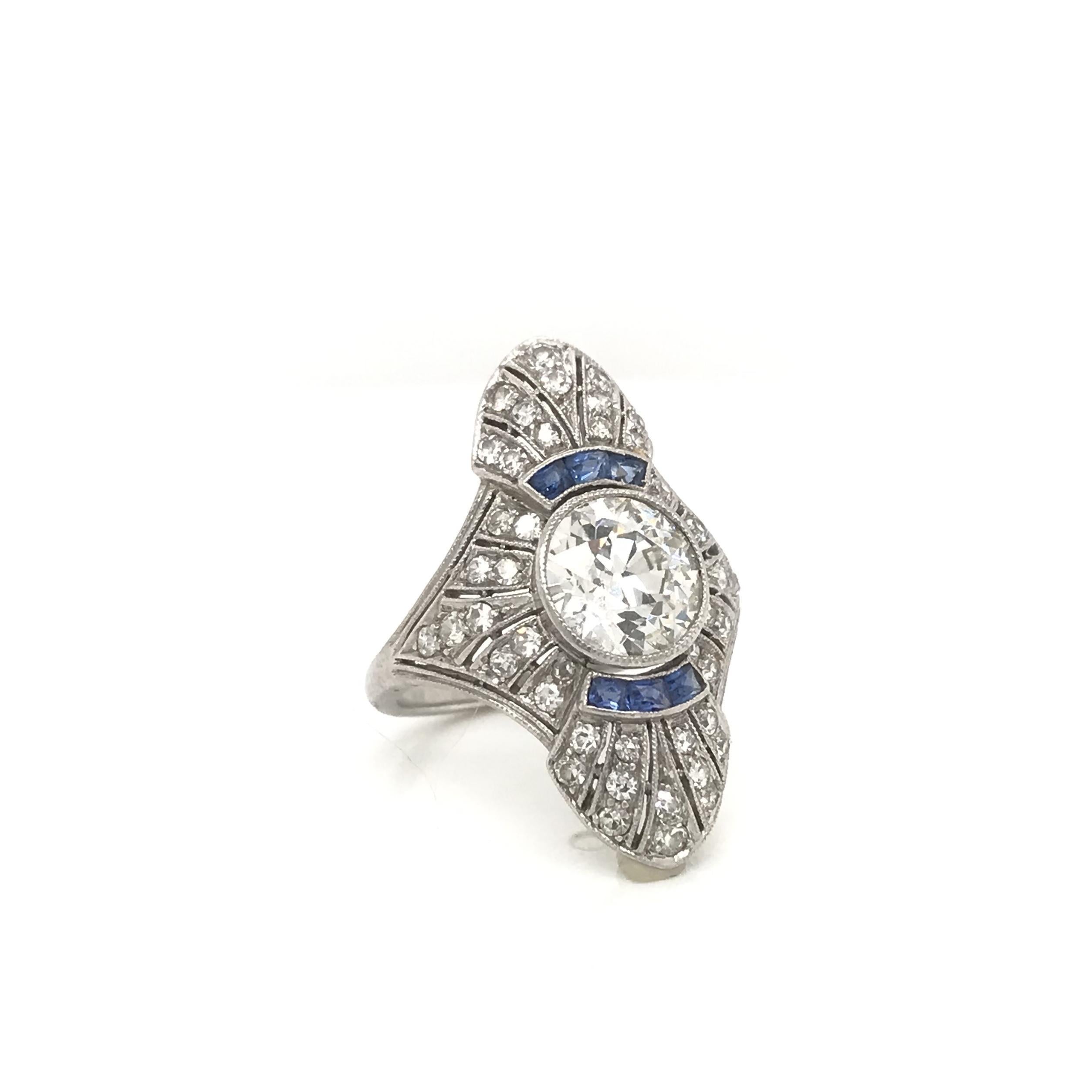 Women's or Men's Antique Art Deco Diamond and French Cut Sapphire Dinner Ring