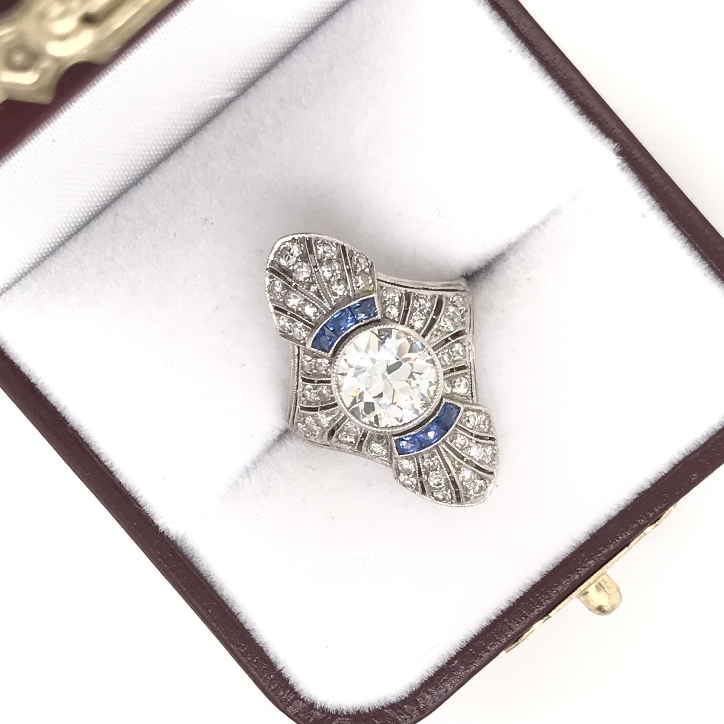 Antique Art Deco Diamond and French Cut Sapphire Dinner Ring 1