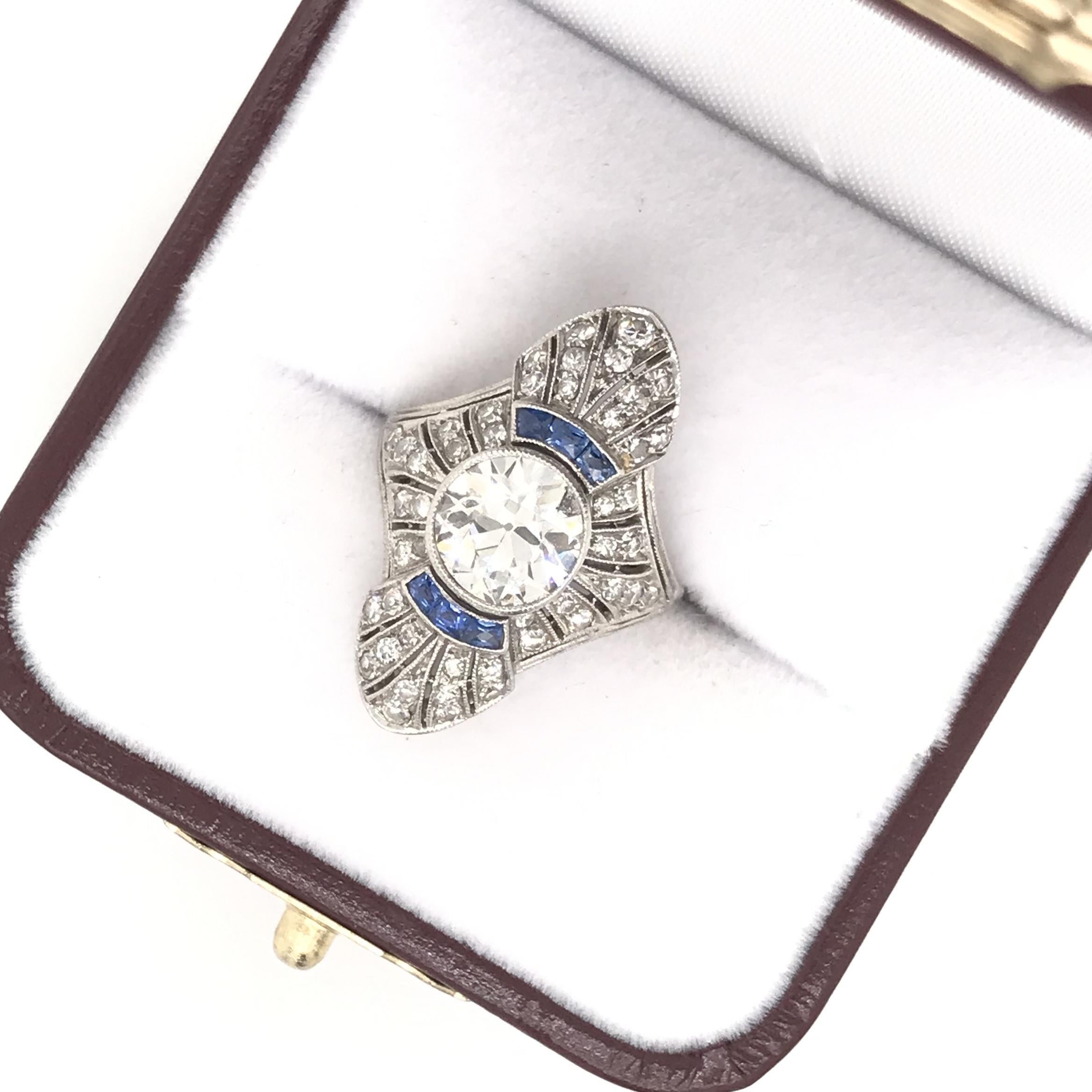 Antique Art Deco Diamond and French Cut Sapphire Dinner Ring 2