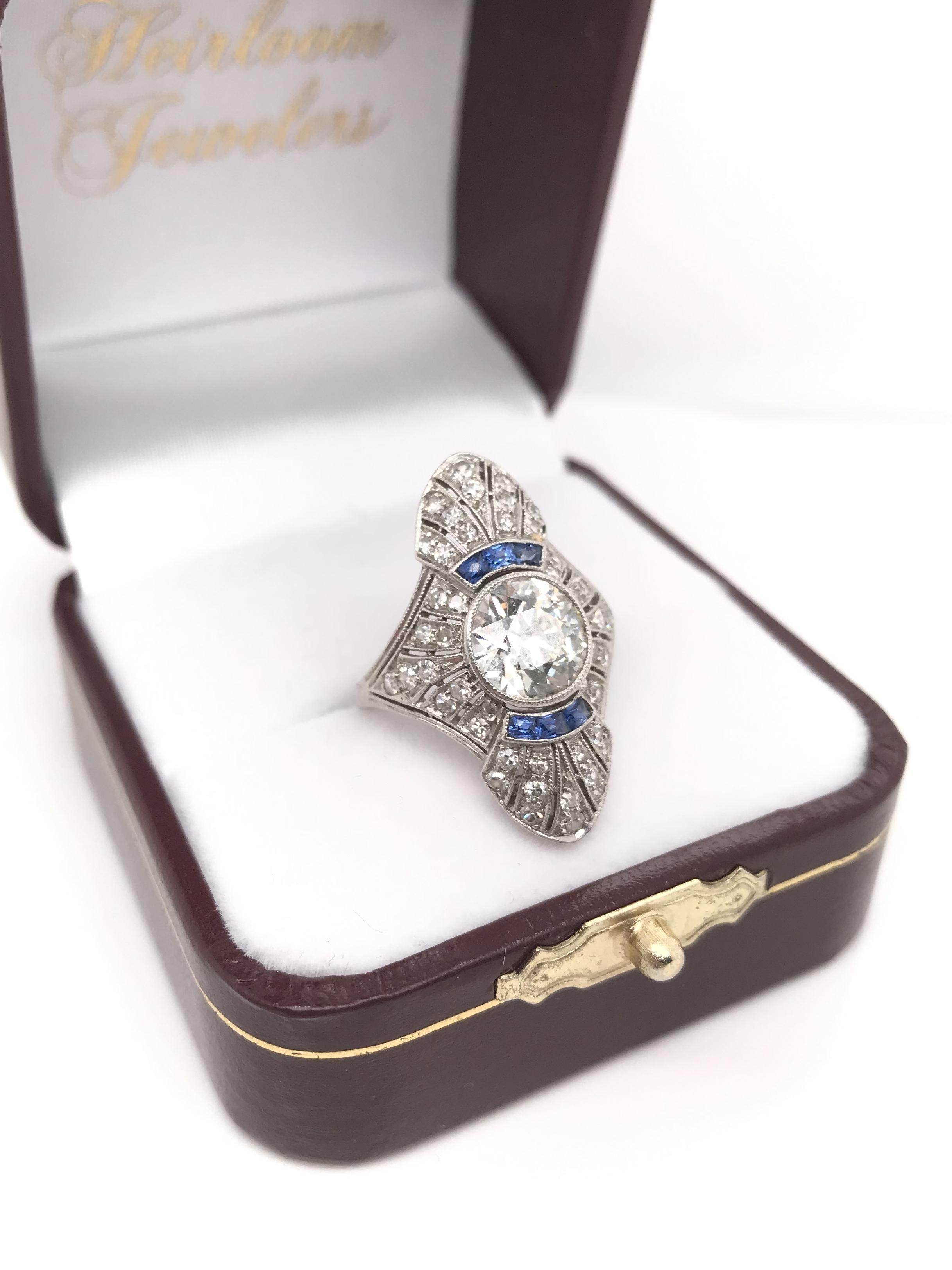 Antique Art Deco Diamond and French Cut Sapphire Dinner Ring 4