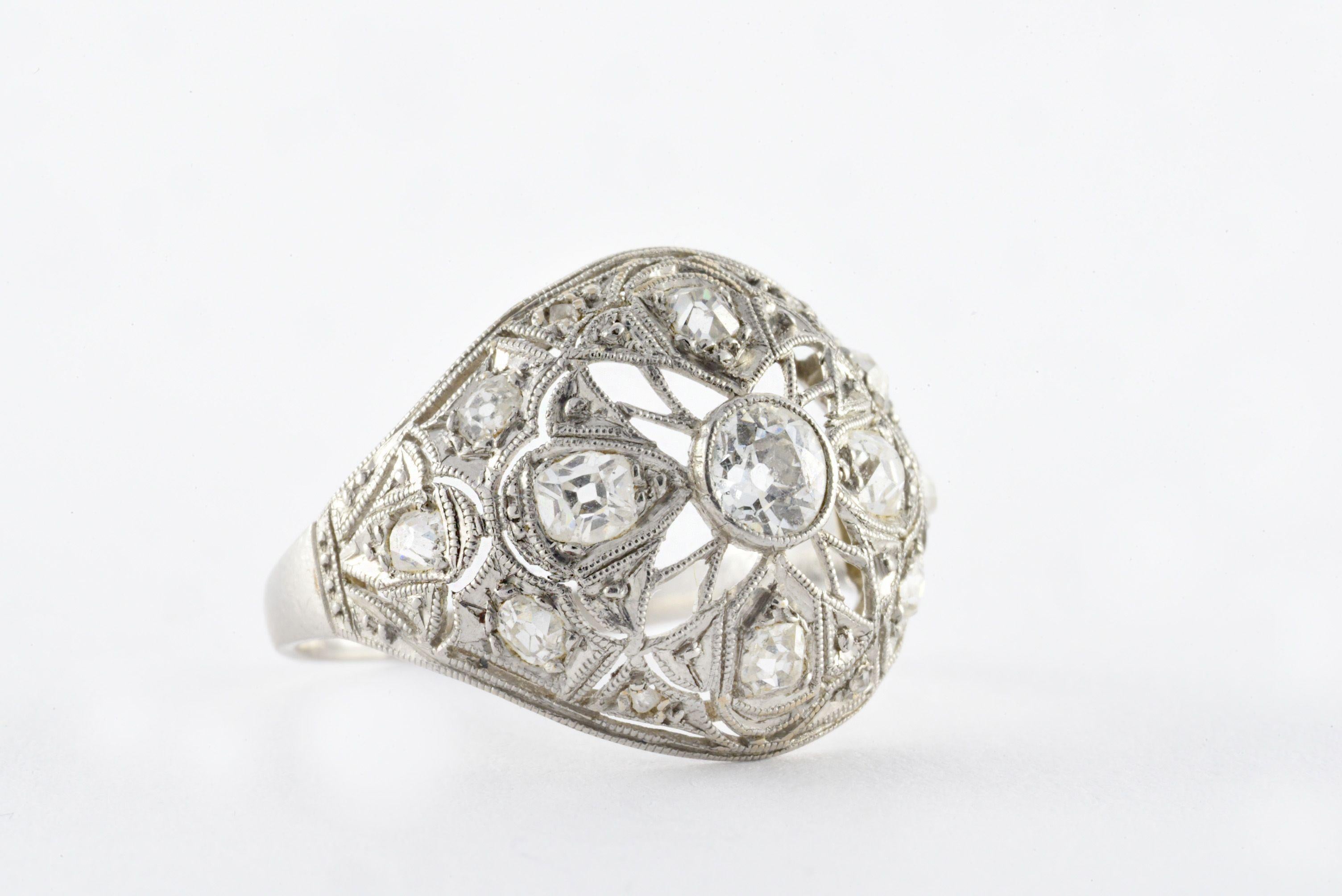 Mixed Cut Antique Art Deco Diamond and Platinum Dome Ring For Sale