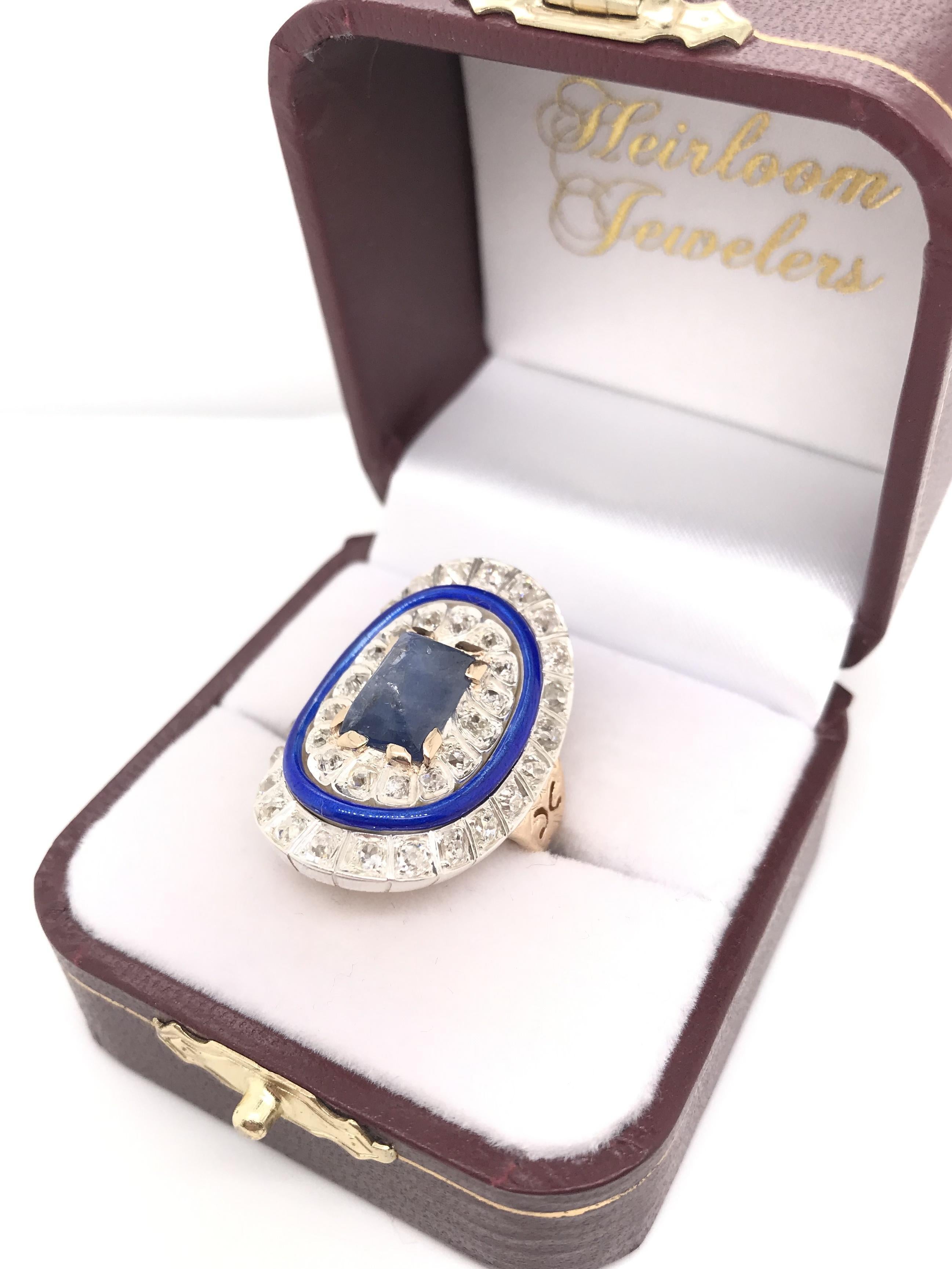 Antiker Art-Déco-Ring mit Diamant und Saphir-Emaille im Angebot 5